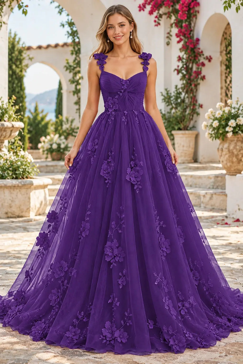 Red 3D Floral Tulle Prom Dress with Sweetheart Corset and Lace-Up Back