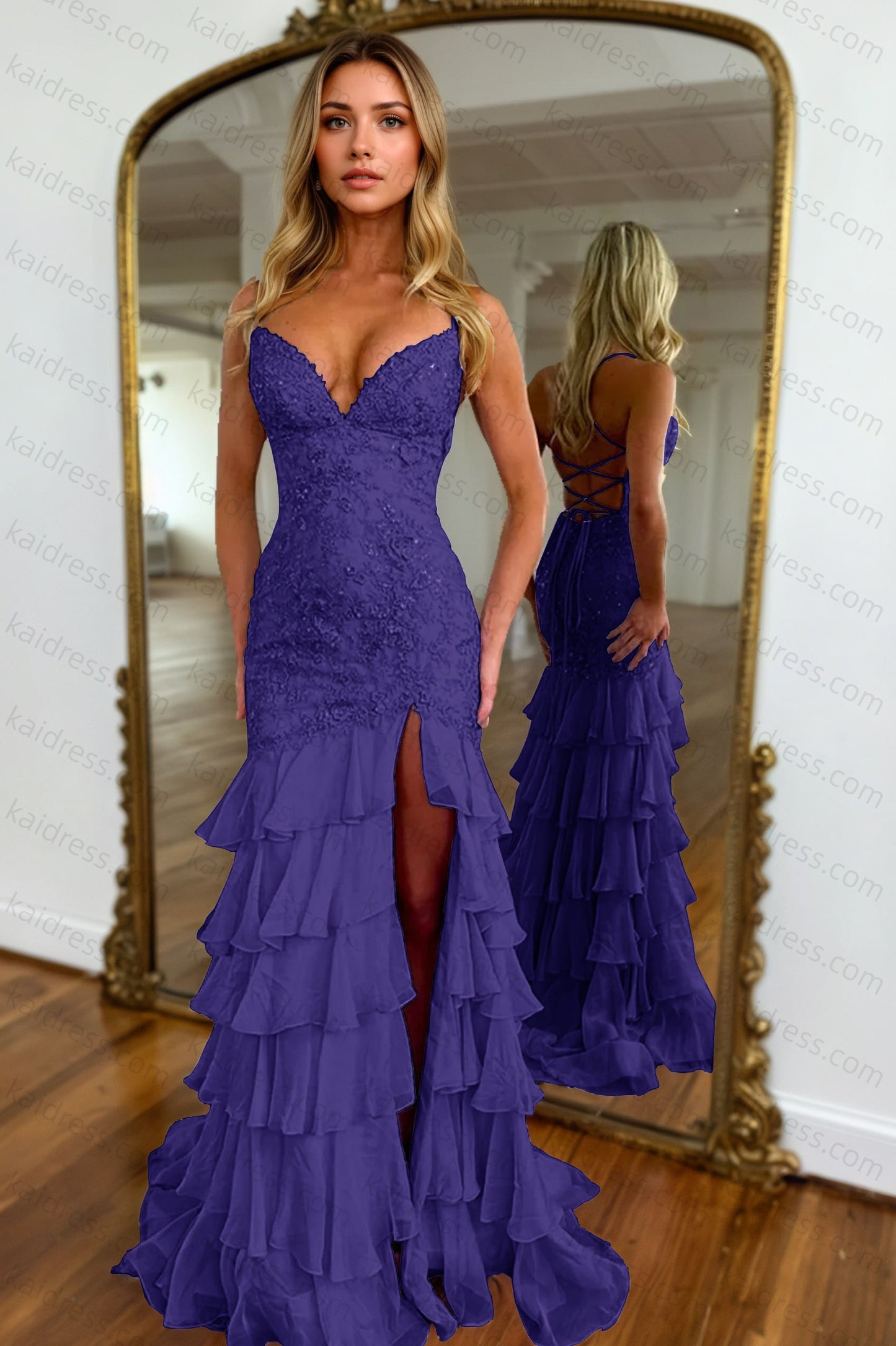 Mermaid Sparkly Lilac Lace Appliques Sheath Tiered Long Chiffon Prom Dress with Slit