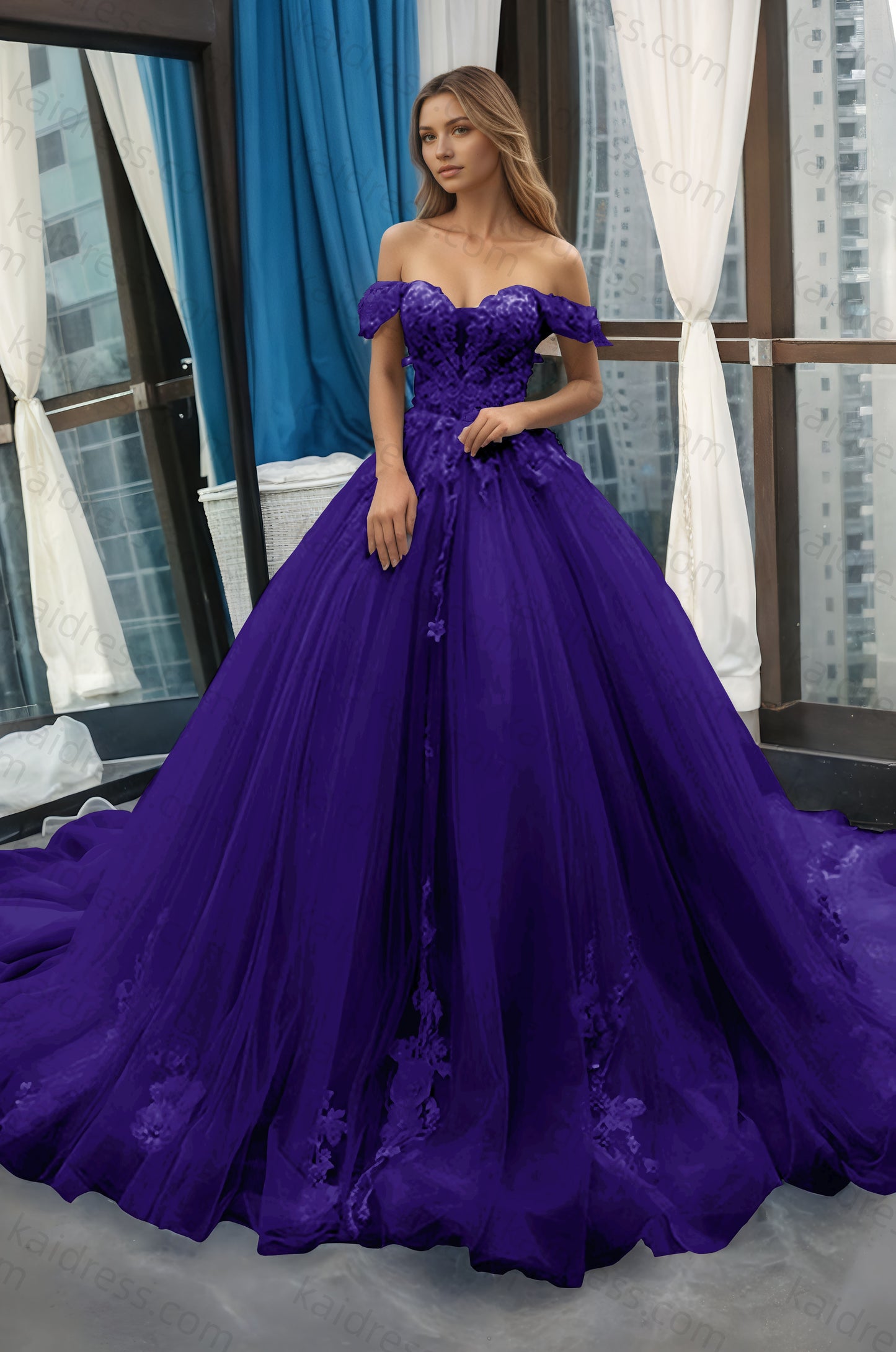 A-Line Off the Shoulder Tulle Applique Long Quinceañera Dresses Blue Formal Prom Dress