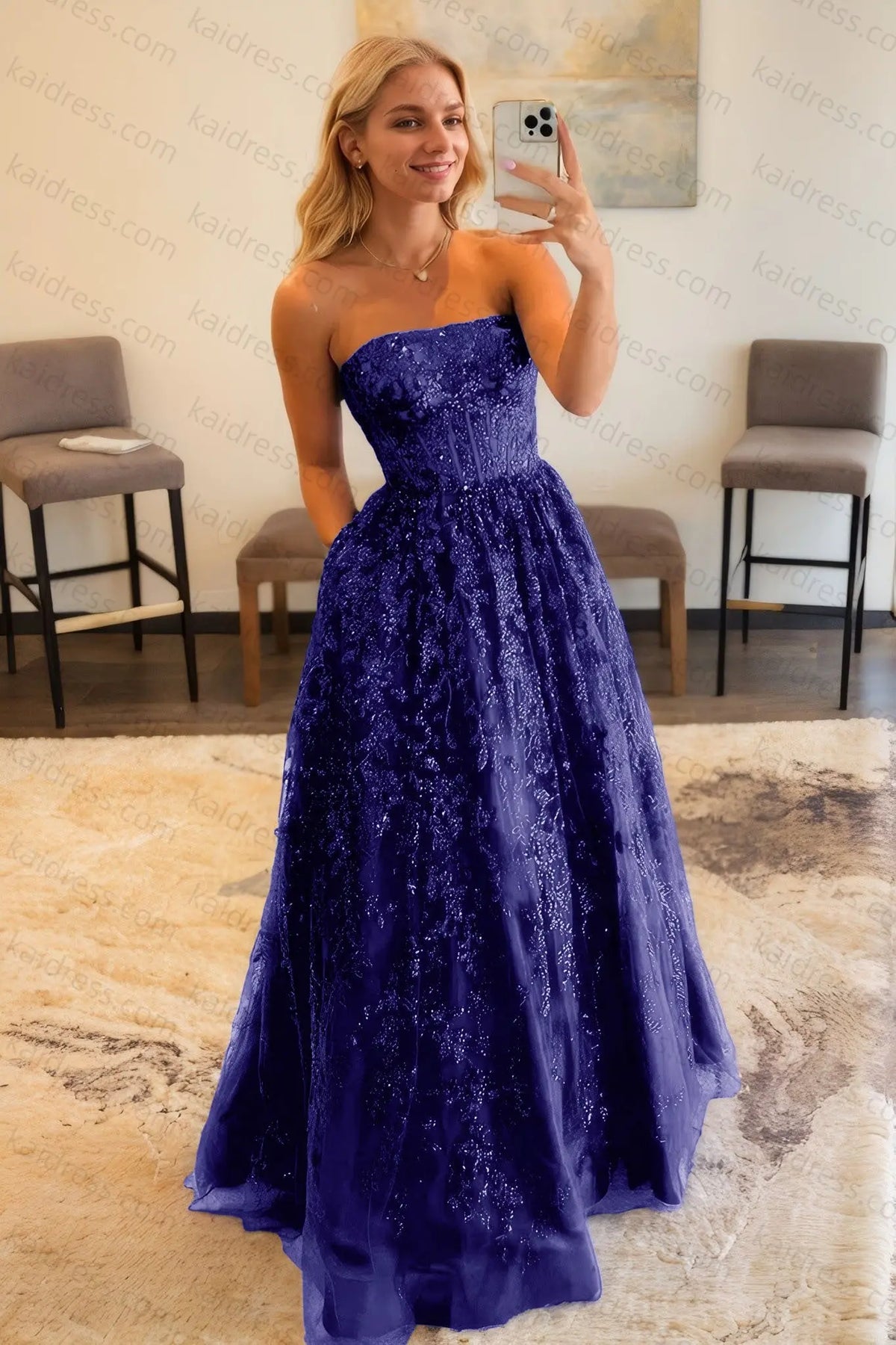 A-line Bateau Strapless Long/Floor-Length Lace Prom Dresses With Pockets Special Occasion Dresses - KAIDRESS