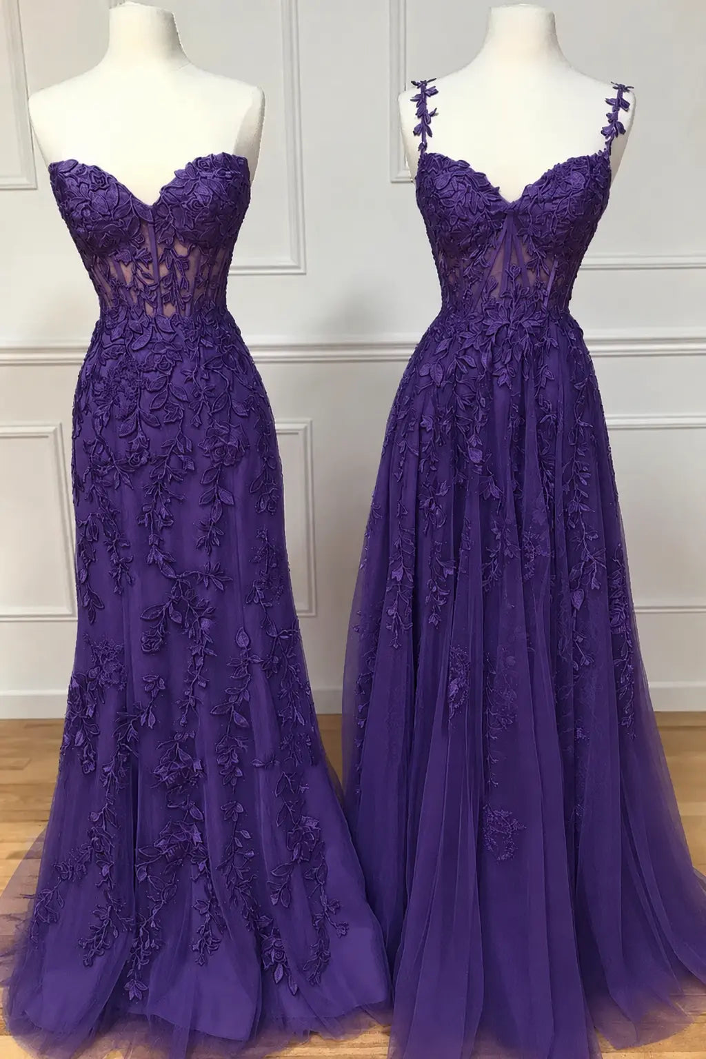 A-line Sweetheart Spaghetti Straps Sweep Train Lace Prom Dress With Beading Kaidress