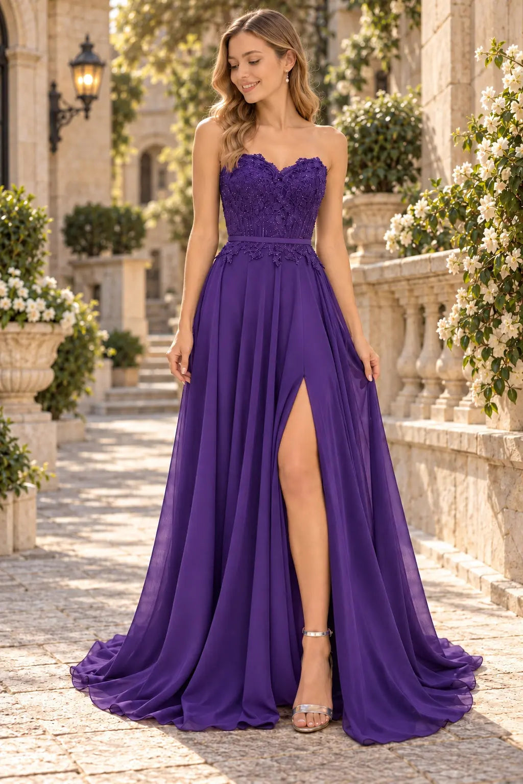 A-line Sweetheart Sweep Train Chiffon Prom Dresses With Lace Beading Split