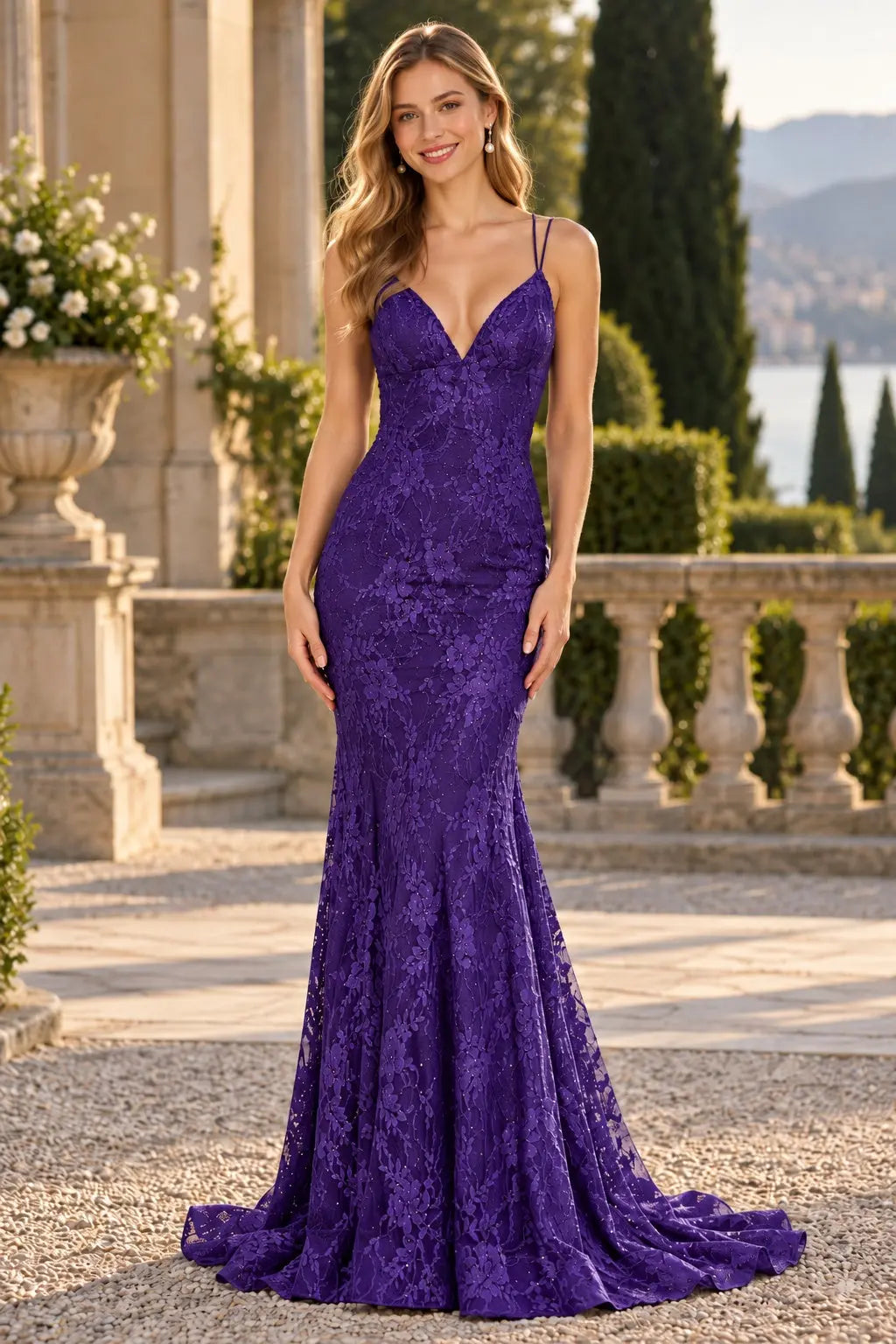 Mermaid V-neck Backless Sleeveless Lace Red Formal Prom Dresses Long Slit Evening Gowns