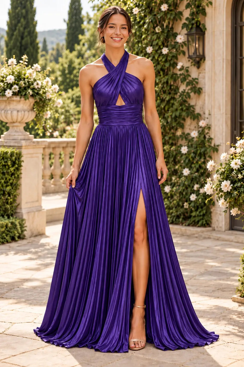 Glitter Green Halter Cut Out Backless Pleats Long Prom Dress with Slit