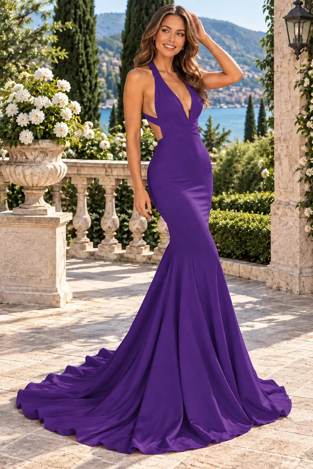 Trumpet/Mermaid Jersey Sleeveless Court Train Prom Dresses Long V Neck Backless Red Prom Gown