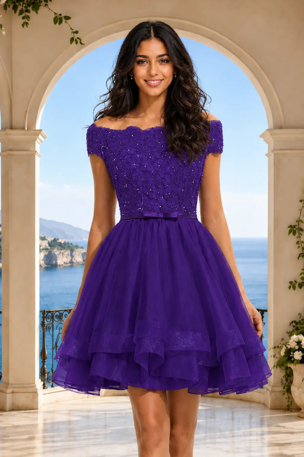 Burgundy Lace Off Shoulder A Line Short Homecoming Dress KAIDRESS