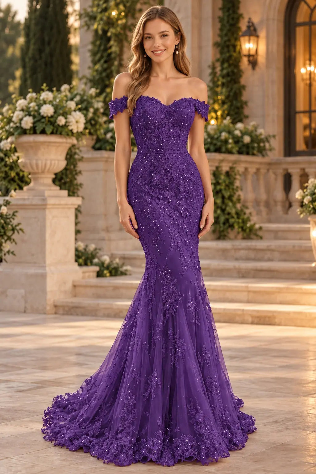 Lace Long/Floor-Length Trumpet/Mermaid Sleeveless Off-The-Shoulder Zipper Prom Dresses With Appliqued Beaded