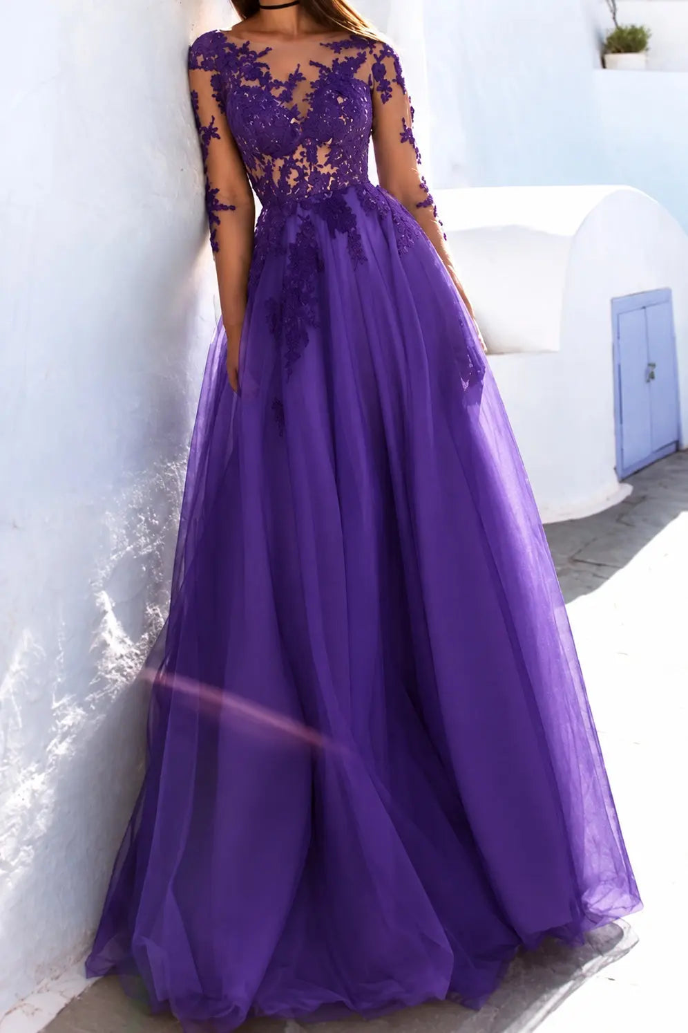 A-Line Scoop Long Sleeves Floor-Length With Applique Tulle Prom Dresses