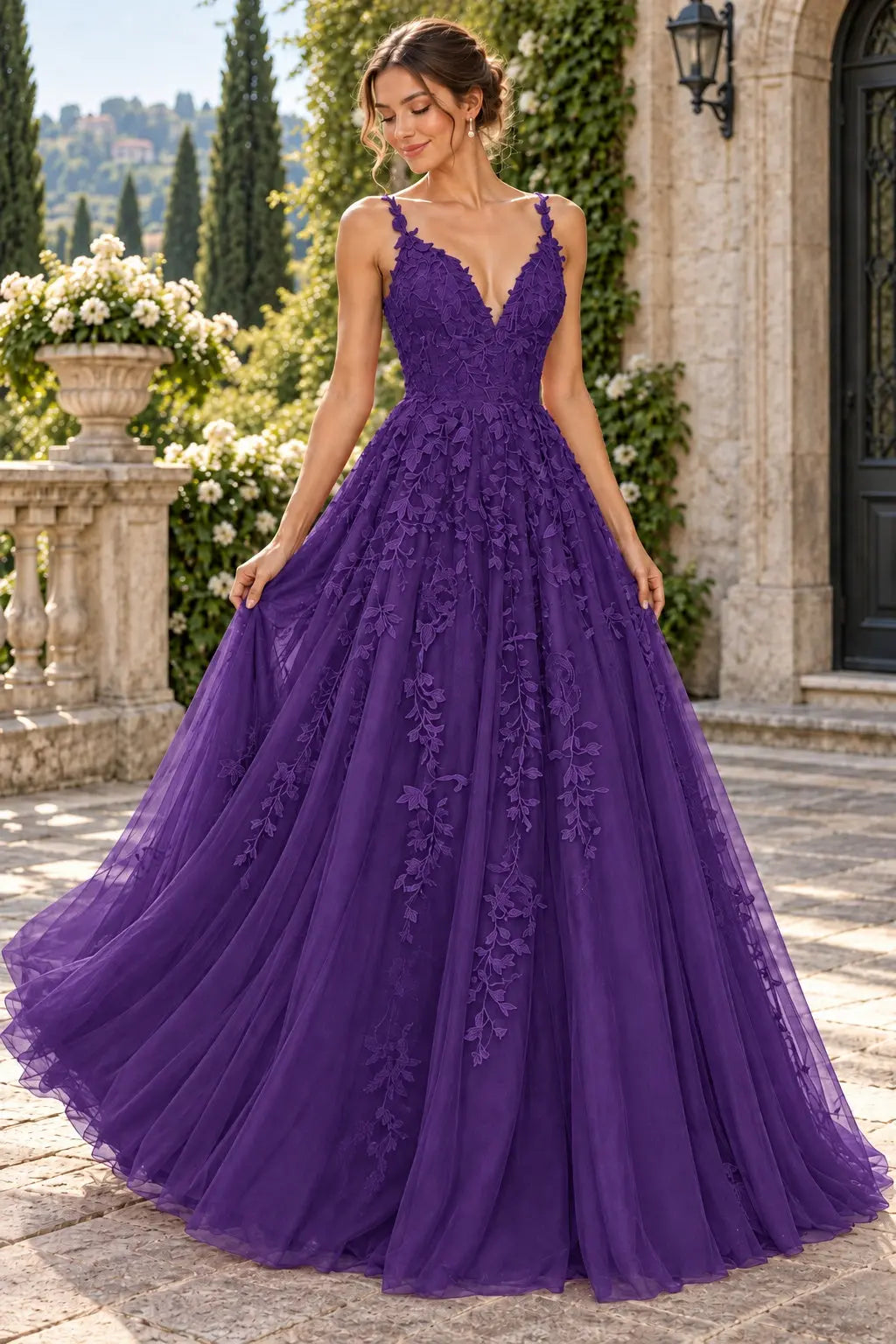 A-Line Lace Prom Dresses Long V Neck Sleeveless Formal Maxi Dress