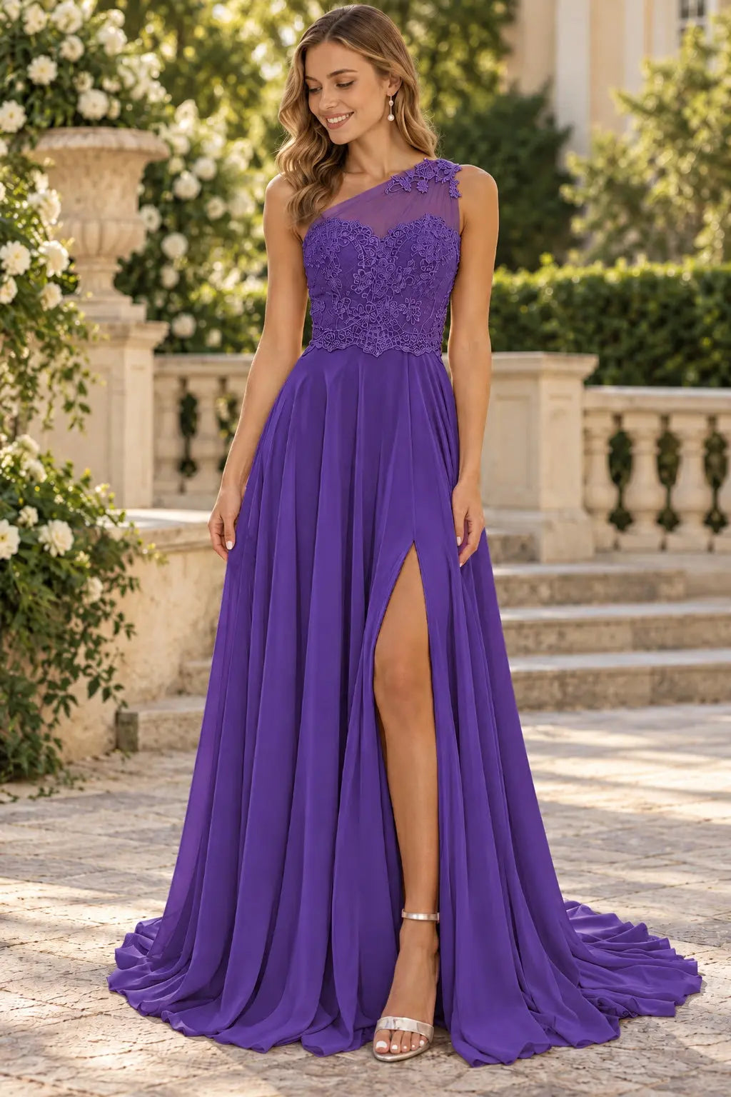 A-line One-Shoulder Sleeveless Chiffon Sweep Train Prom Dress With Appliqued Beading