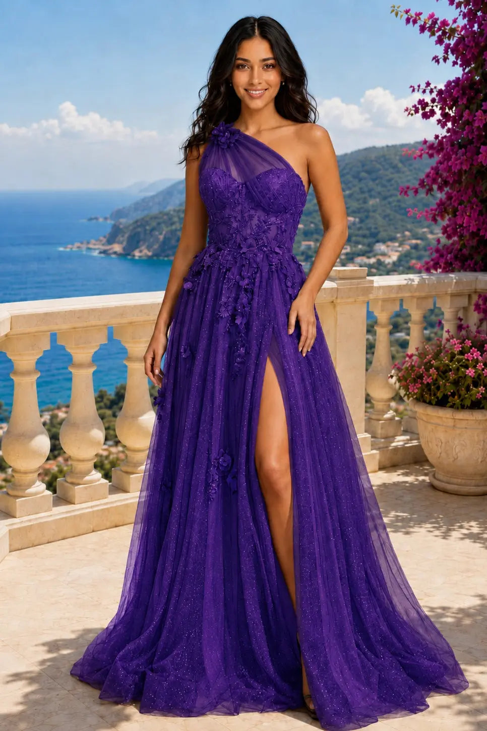 A-line One-Shoulder Sleeveless Long/Floor-Length Tulle Prom Dresses with Appliqued Split KAIDRESS