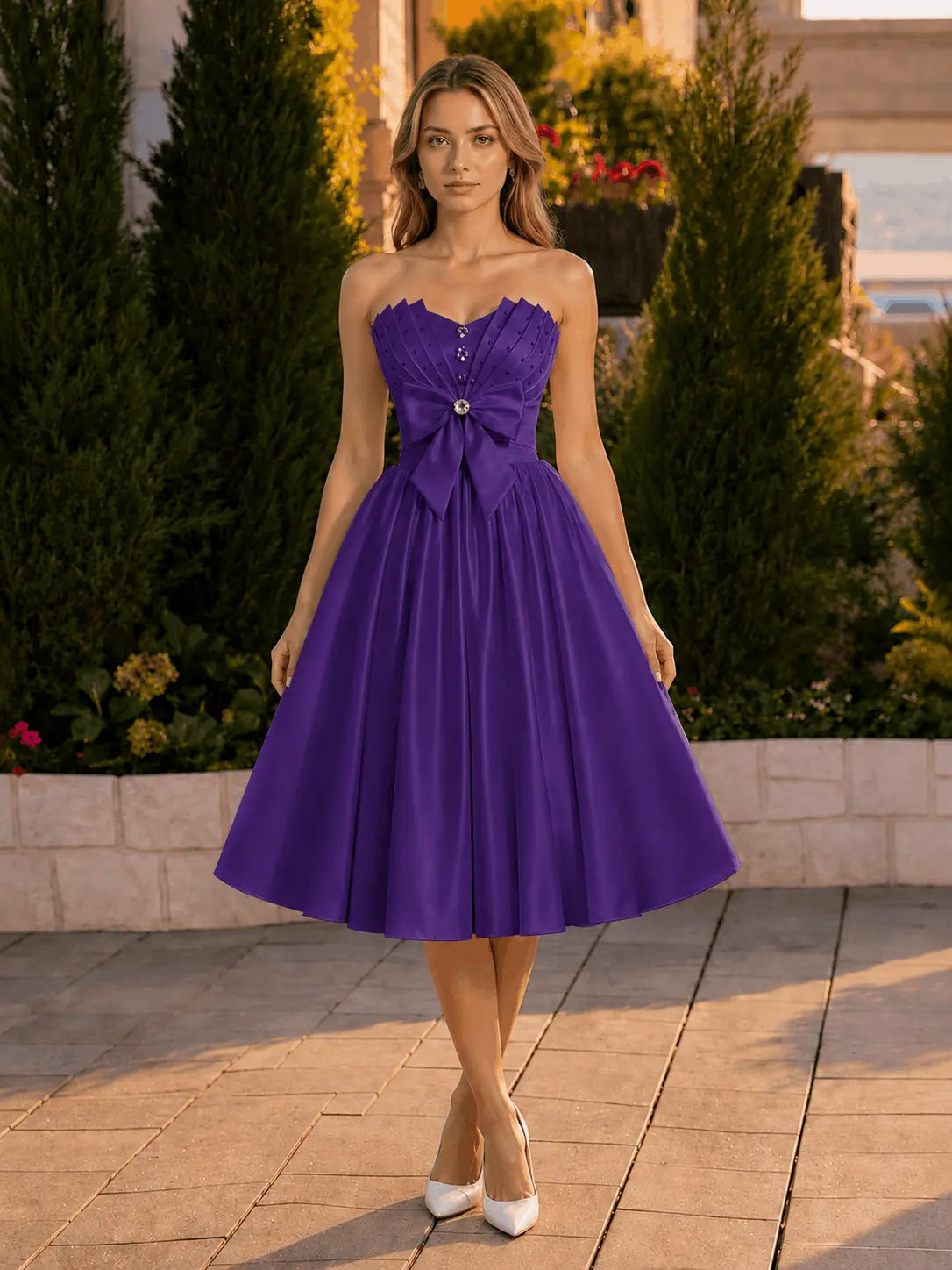 A-line Sweetheart Sleeveless Knee-Length Satin Homecoming Dress with Bow KAIDRESS