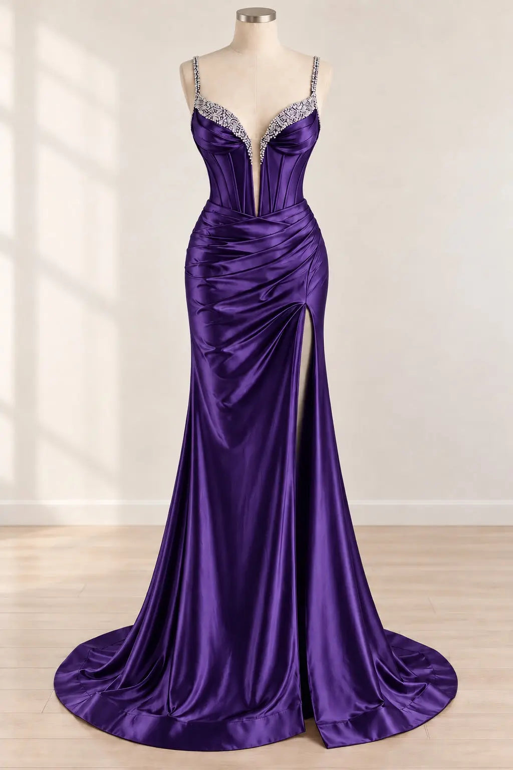 Mermaid Fuchsia Spaghetti Straps Satin Long Corset Prom Dress with Beading