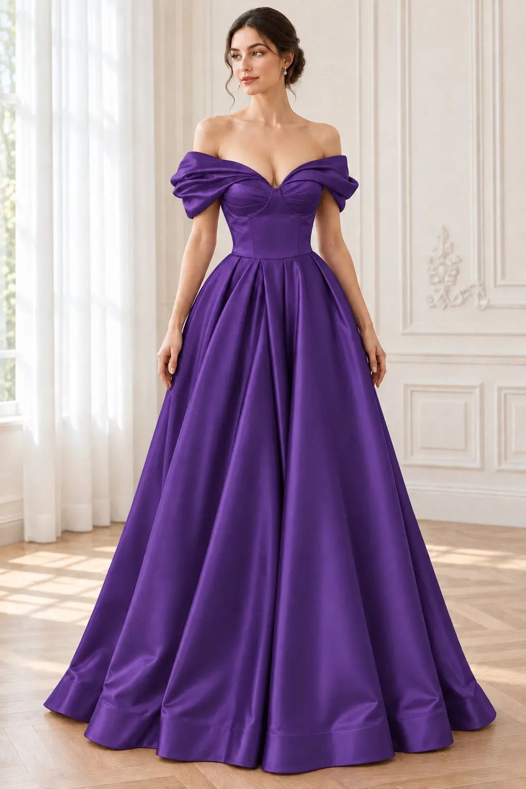 A-line Off-the-Shoulder Short Sleeve Satin Long/Floor-Length Prom Dresses With Ruffles Split