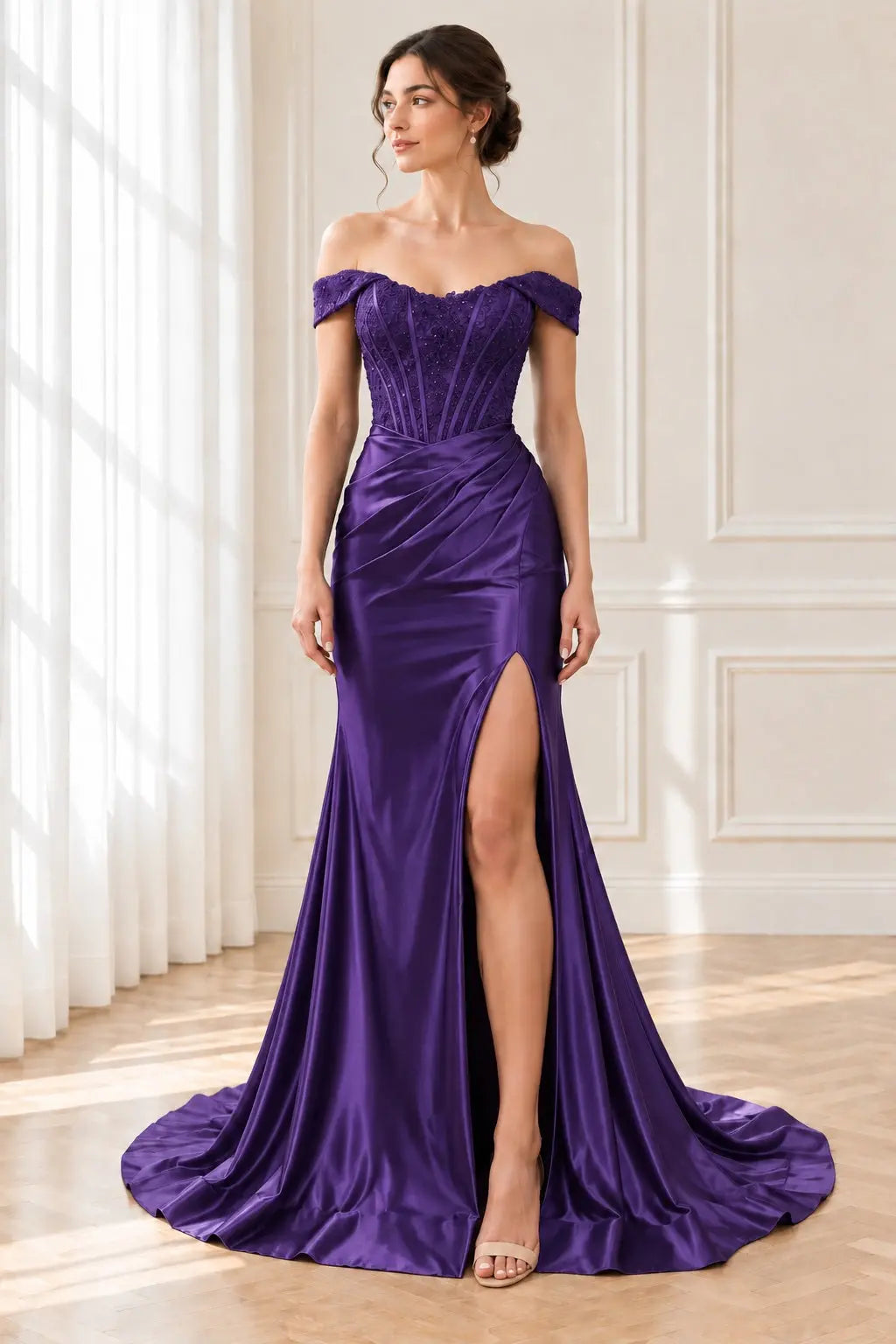 Trumpet/Mermaid Satin Ruched Off-the-Shoulder Prom Dresses Sleeveless Long Green Evening Gowns