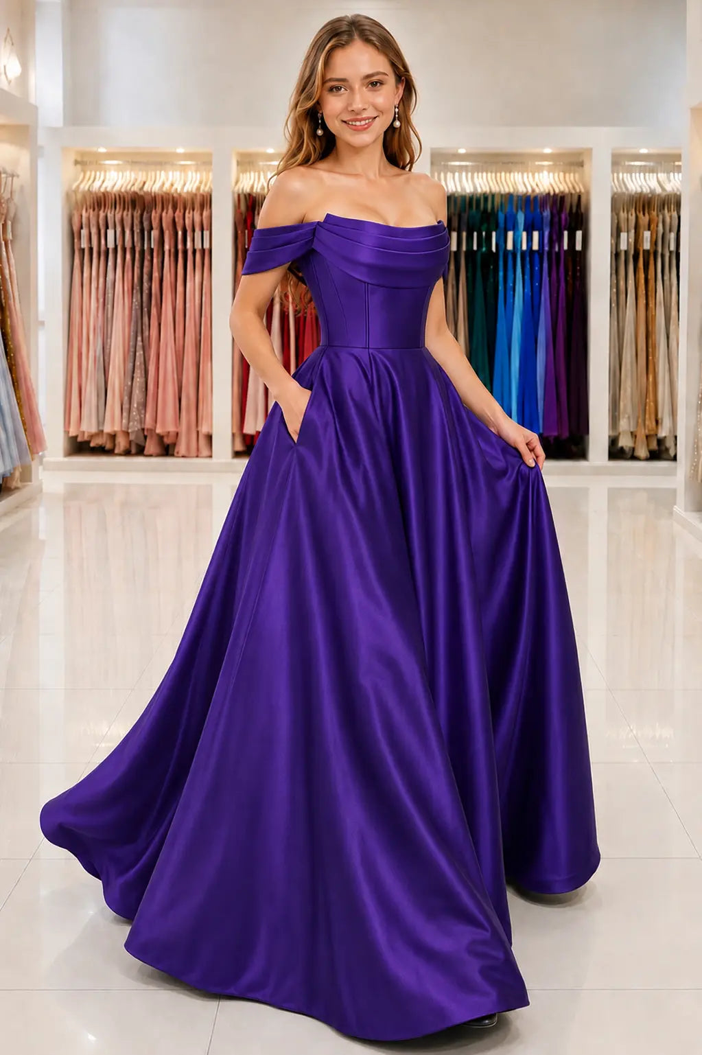 A-Line Satin Long Prom Dress, Simple Off the Shoulder Evening Party Dress With Pockets KAIDRESS