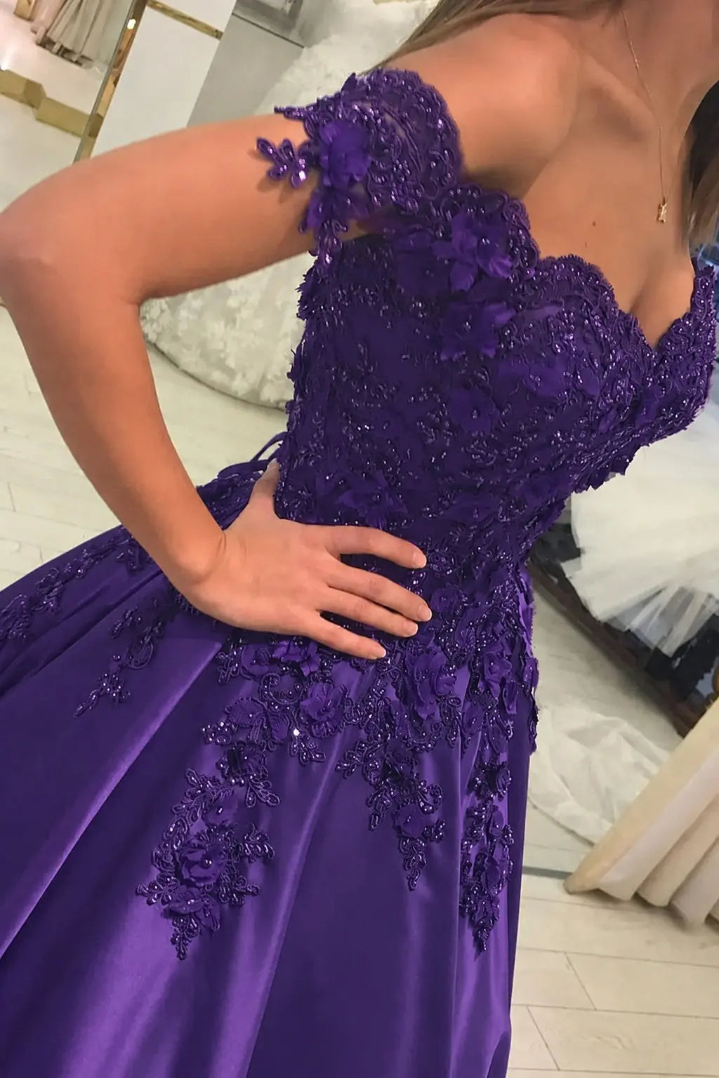 Appliqued Off-The-Shoulder Satin Princess Prom Dress With Beads