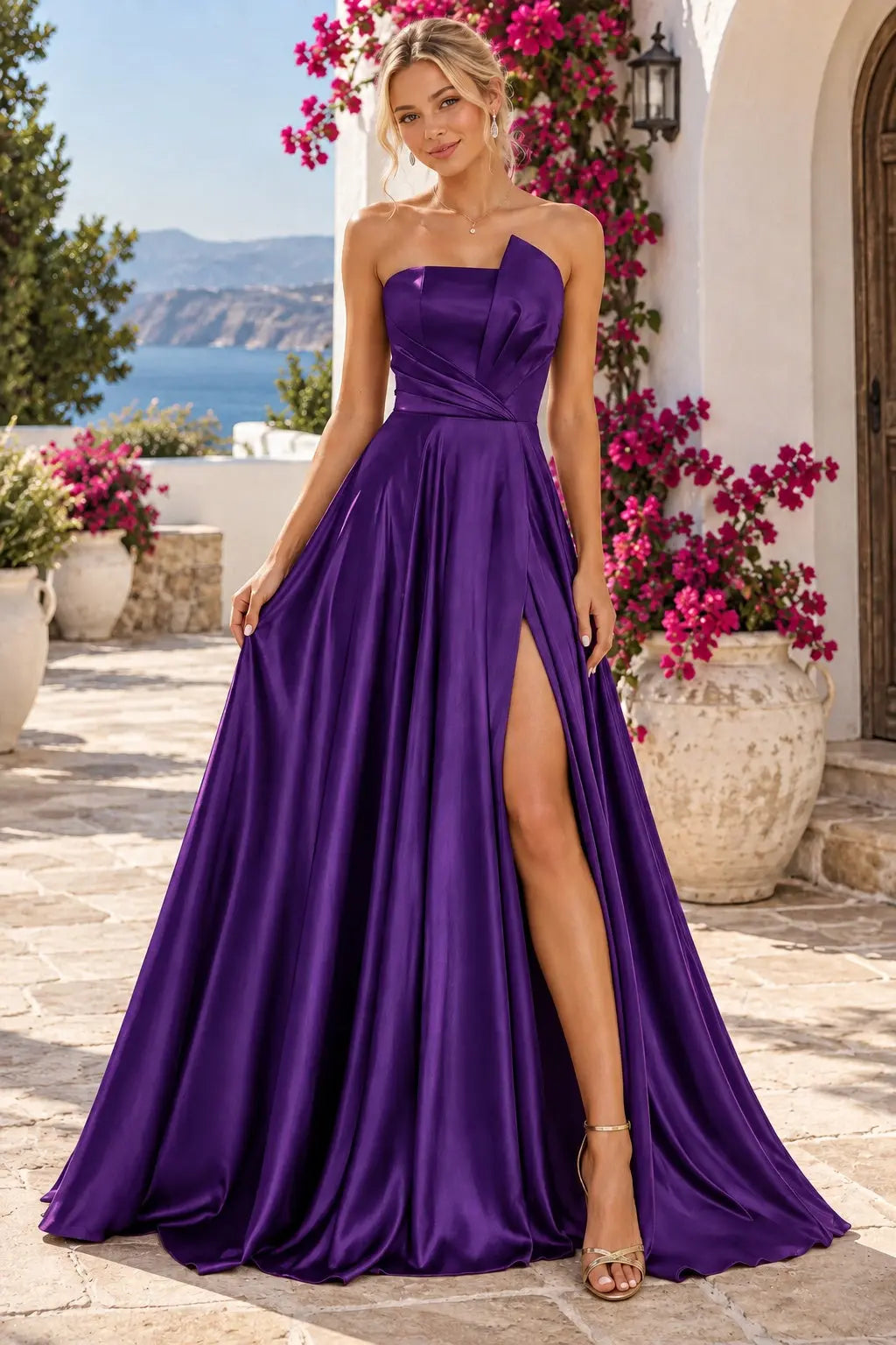 A-line Satin Formal Long Simple Sleeveless Prom Dresses with Slit