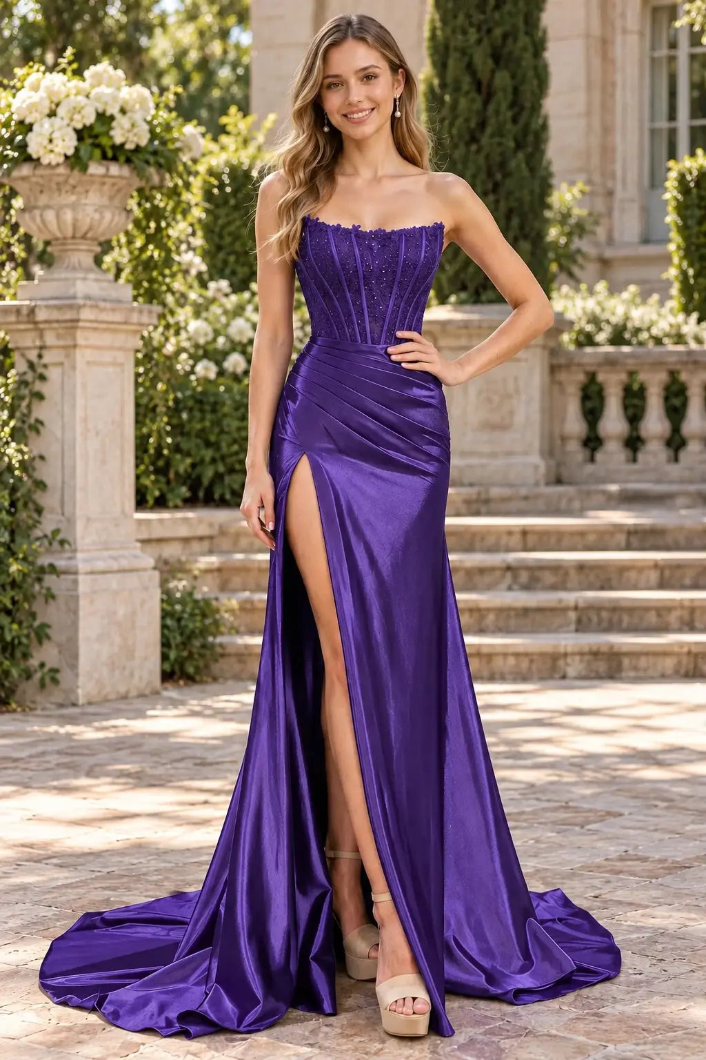 Royal Blue Satin Strapless Lace Corset Prom Dress with Thigh-High Slit