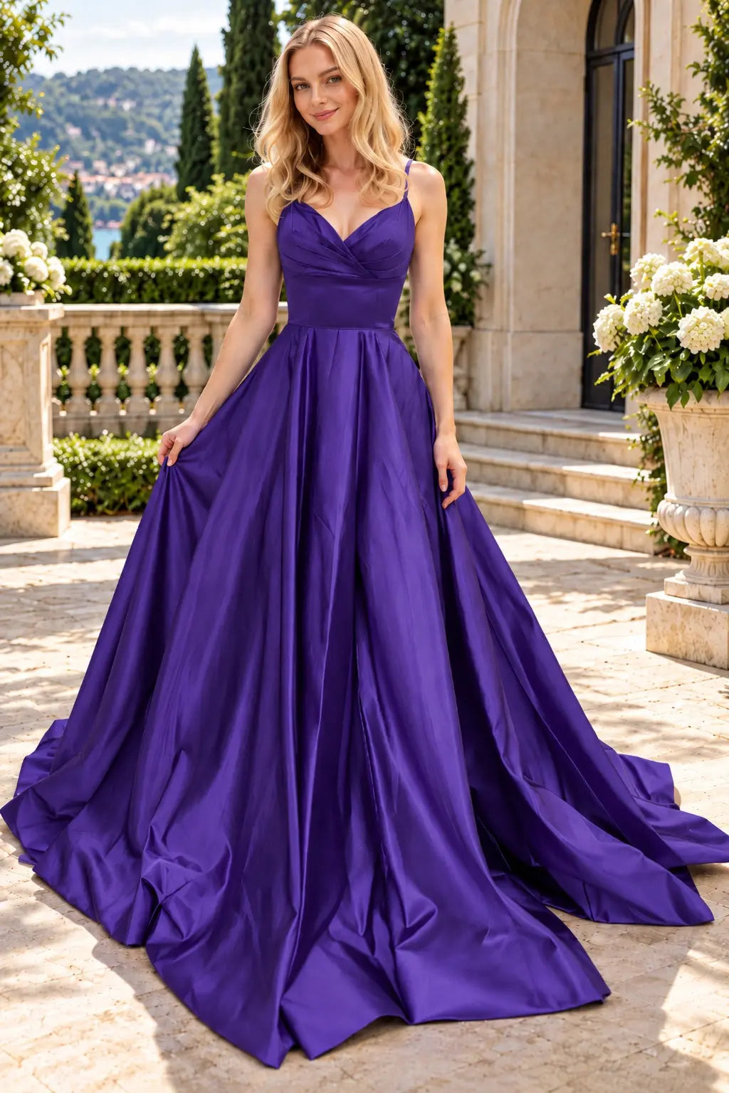 A-line V Neck Sleeveless Court Train Satin Prom Dresses With Bowknot Pleated Waistband