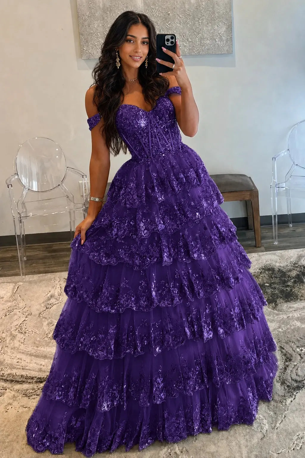 A-Line/Princess Princess Off the Shoulder Sequined Lace Prom Dress KAIDRESS