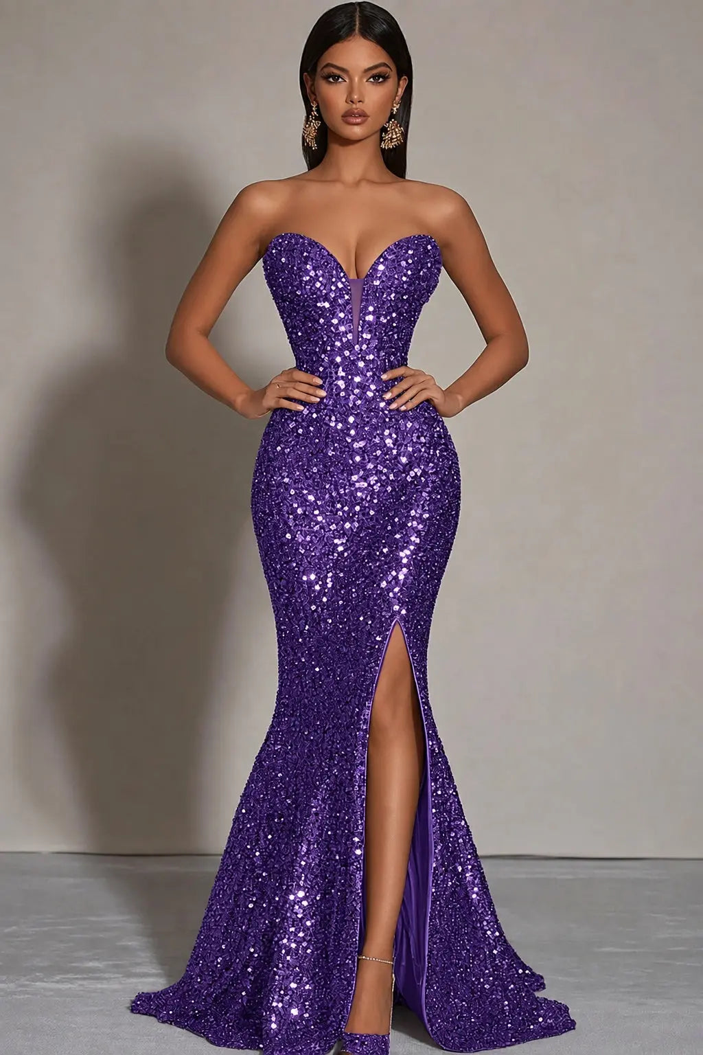 Sparkly Gold Sequins Mermaid Strapless Long Formal Dress with Slit Kaidress