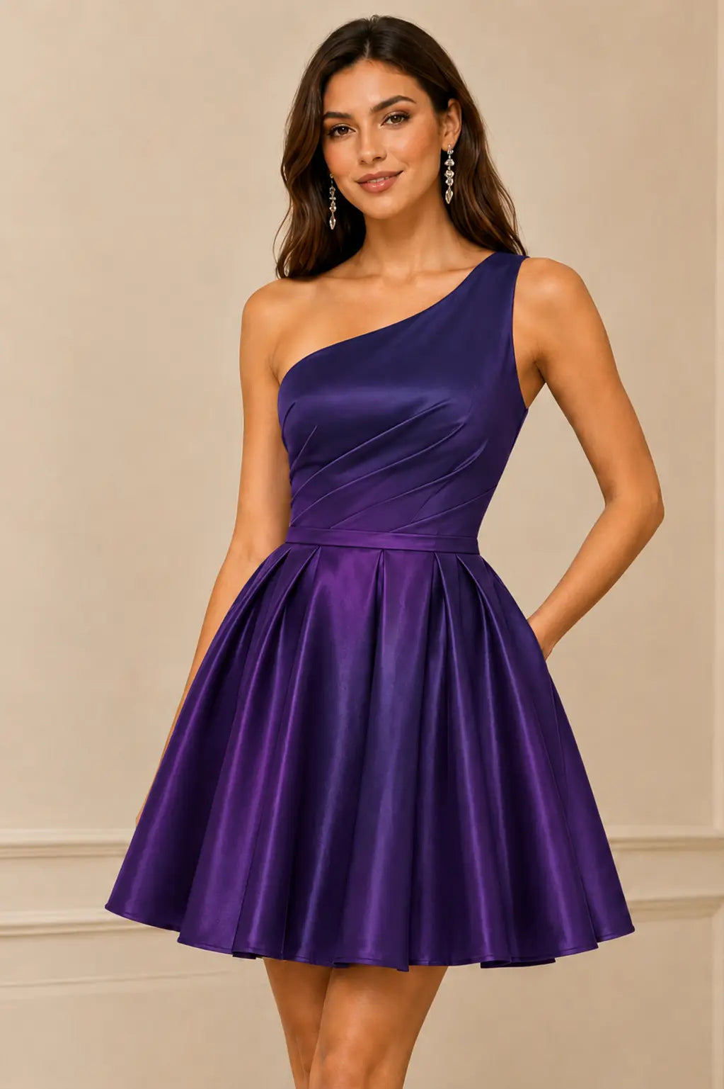 Green One Shoulder Satin Mini A Line Homecoming Dress With Pockets KAIDRESS