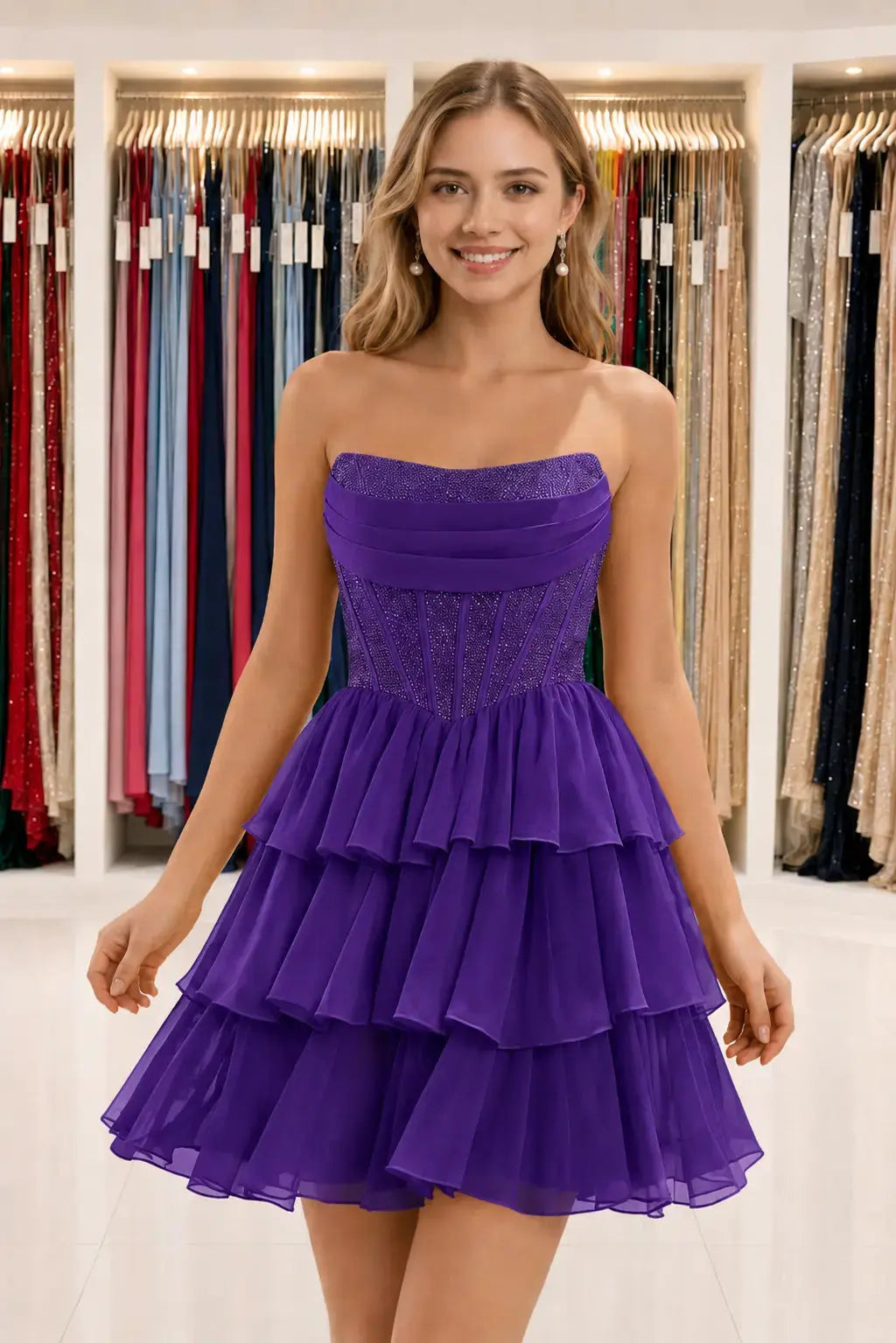 Daffodil Strapless Corset Tiered Ruffle Mini Homecoming Dress With Beading KAIDRESS