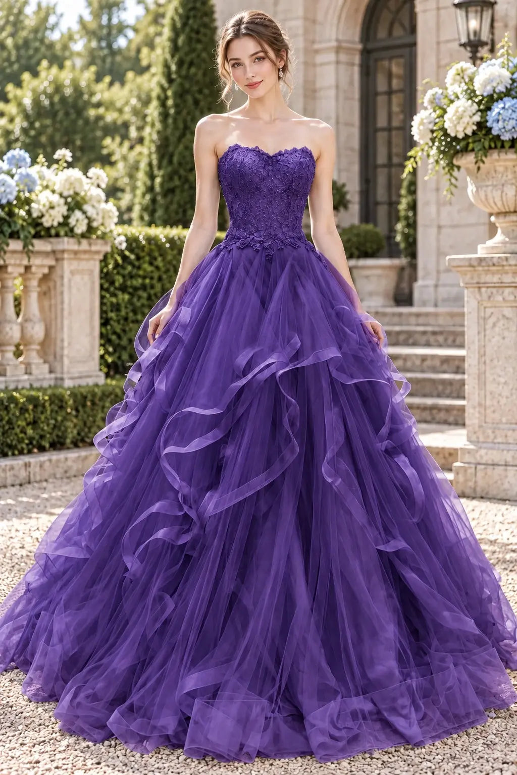 Blue Tulle Lace Long Prom Dresses Princess Layered Formal Evening Gowns