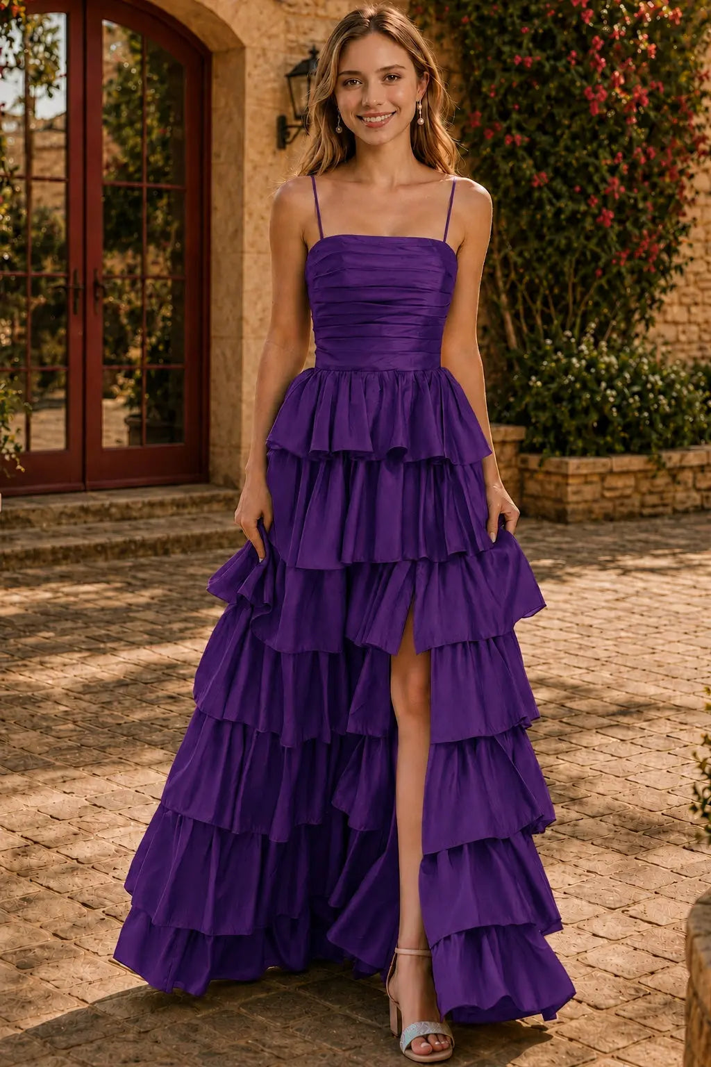 A-line Square Neckline Spaghetti Straps Floor-Length Taffeta Prom Dress with Ruffles Slit KAIDRESS