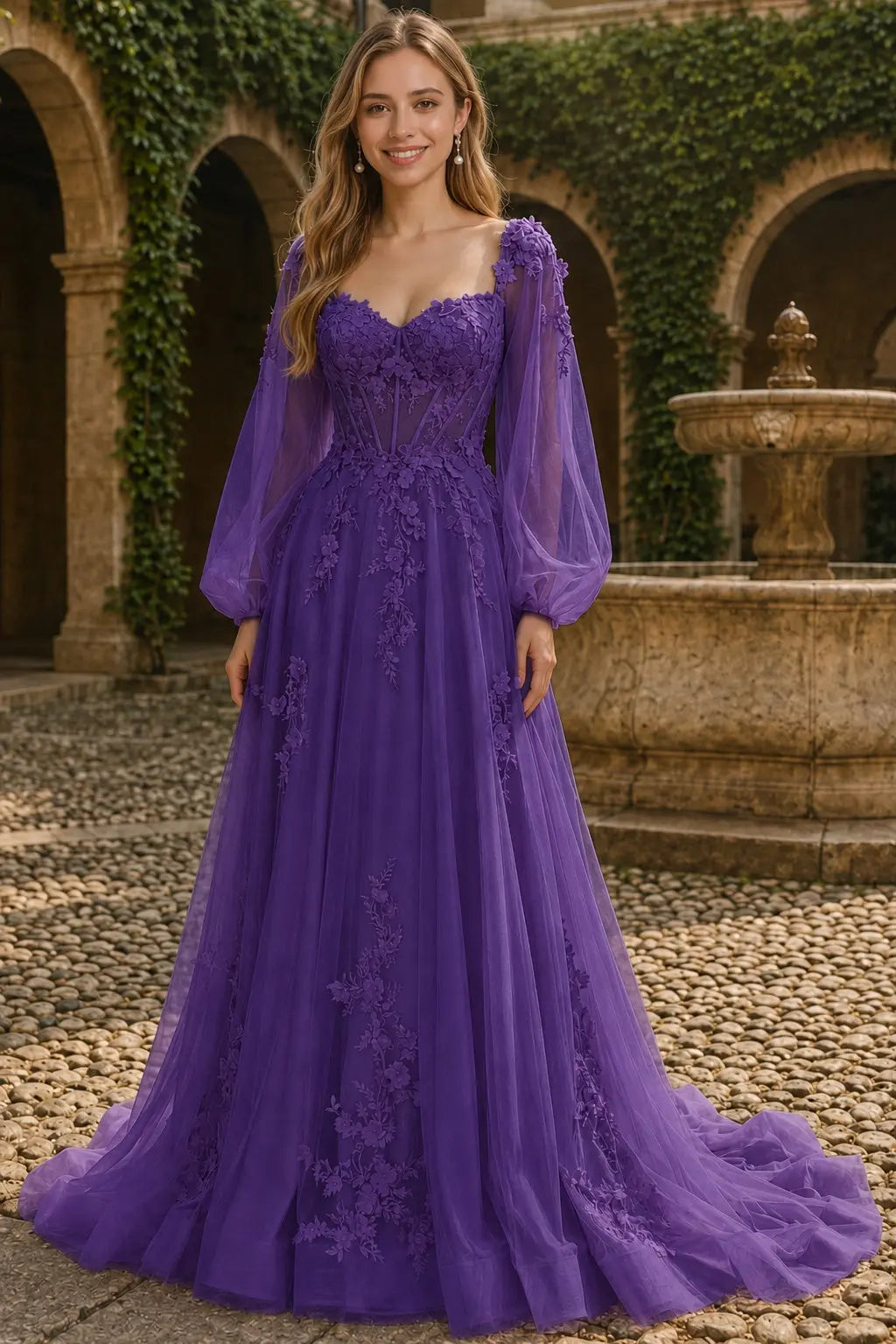 A-line 3D Floral Lace Applique Tulle Long Sleeves Prom Dress