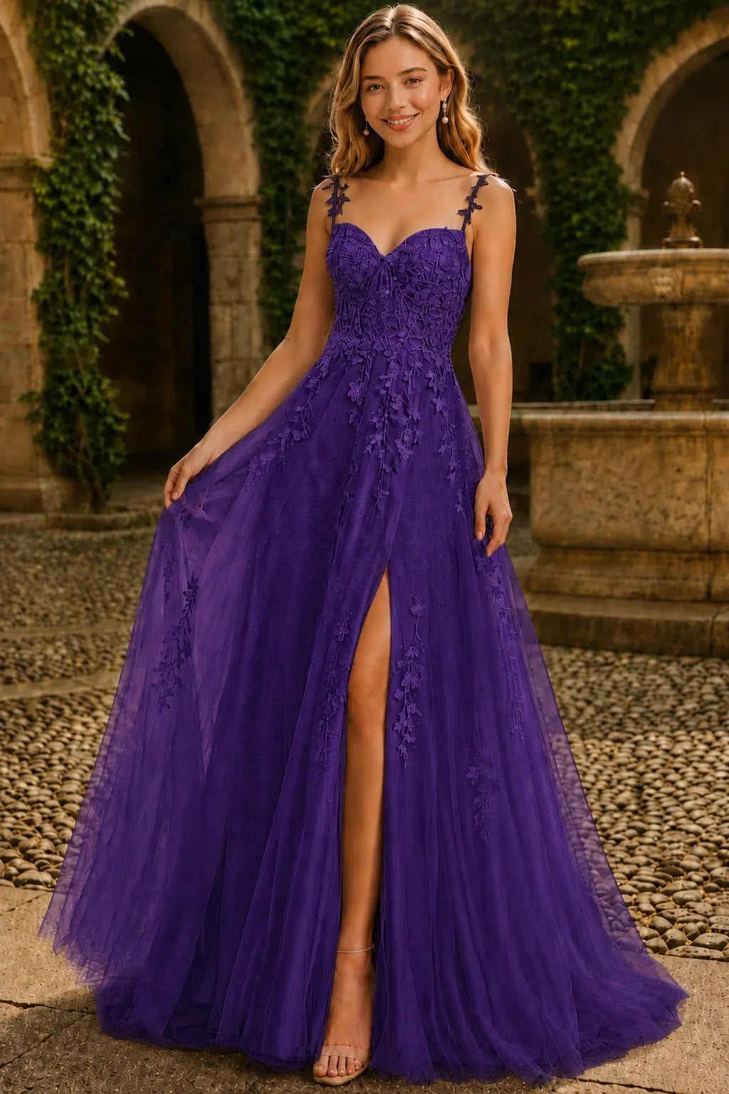 A-line V Neck Sweep Spaghetti Straps Train Tulle Prom Dress with Appliqued Beading
