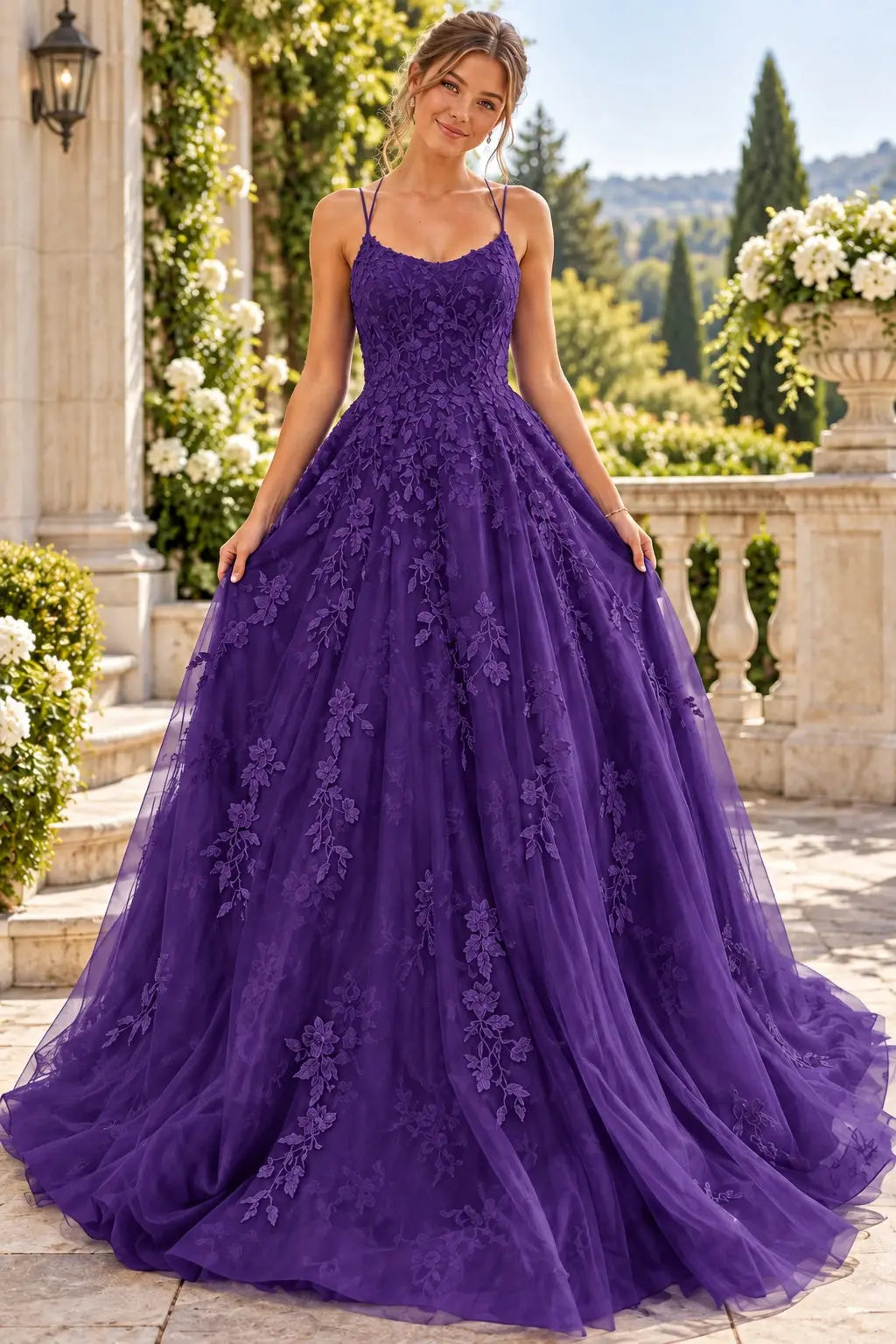 A-line Bateau Neckline Spaghetti Straps Long/Sweep Train Tulle Lace Prom Dresses