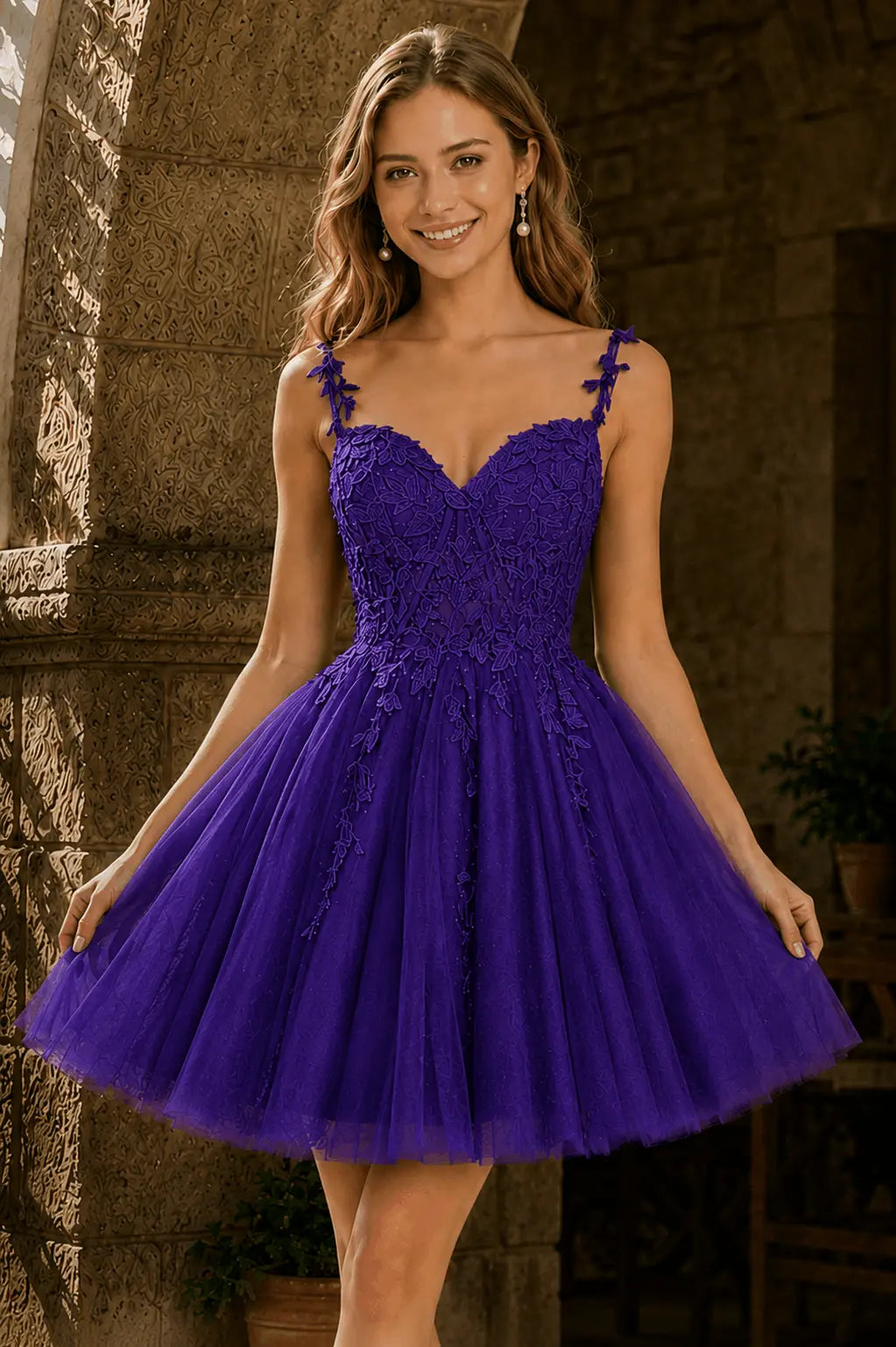 A-line V Neck Short/Mini Tulle Lace Homecoming Dress