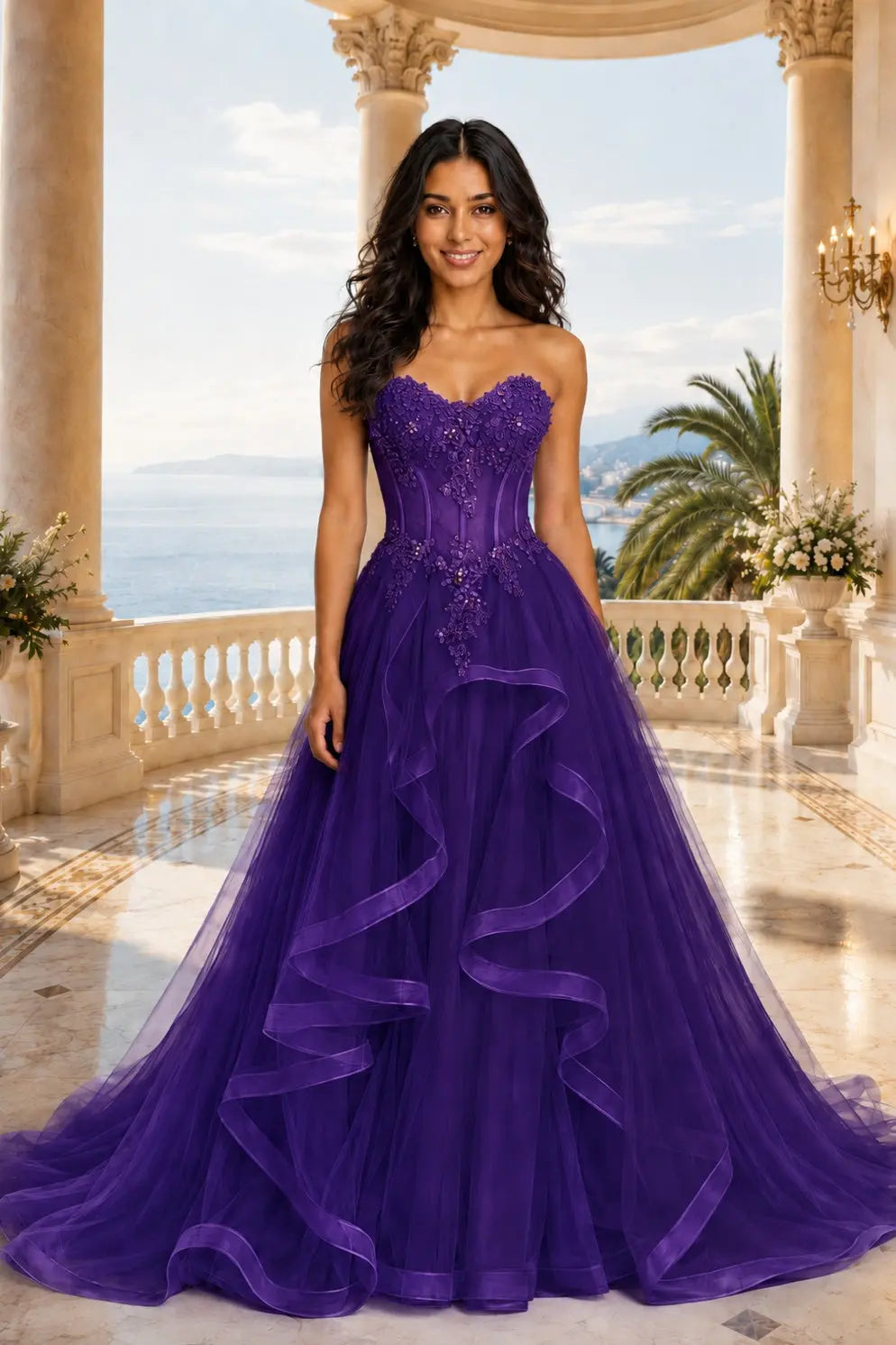 A-line/Princess Sweetheart Sleeveless Sweep Train Tulle Prom Dresses With Beading Appliqued KAIDRESS