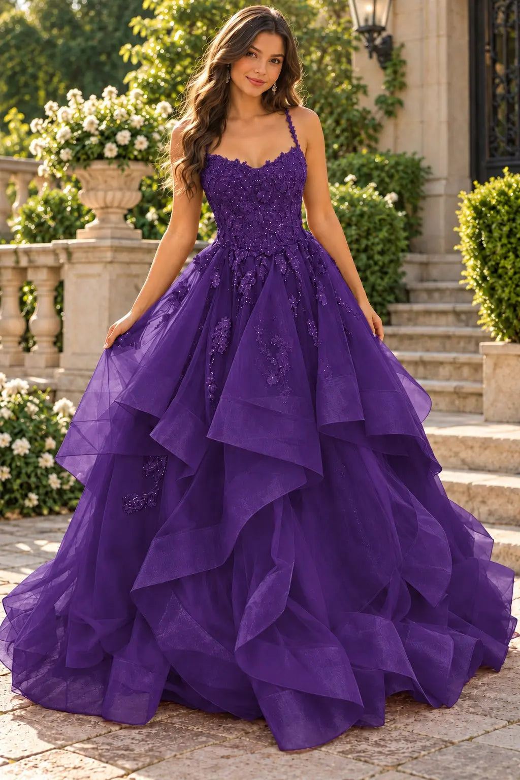 A-line Princess V Neck Floor-Length Tulle Prom Dresses with Appliqued