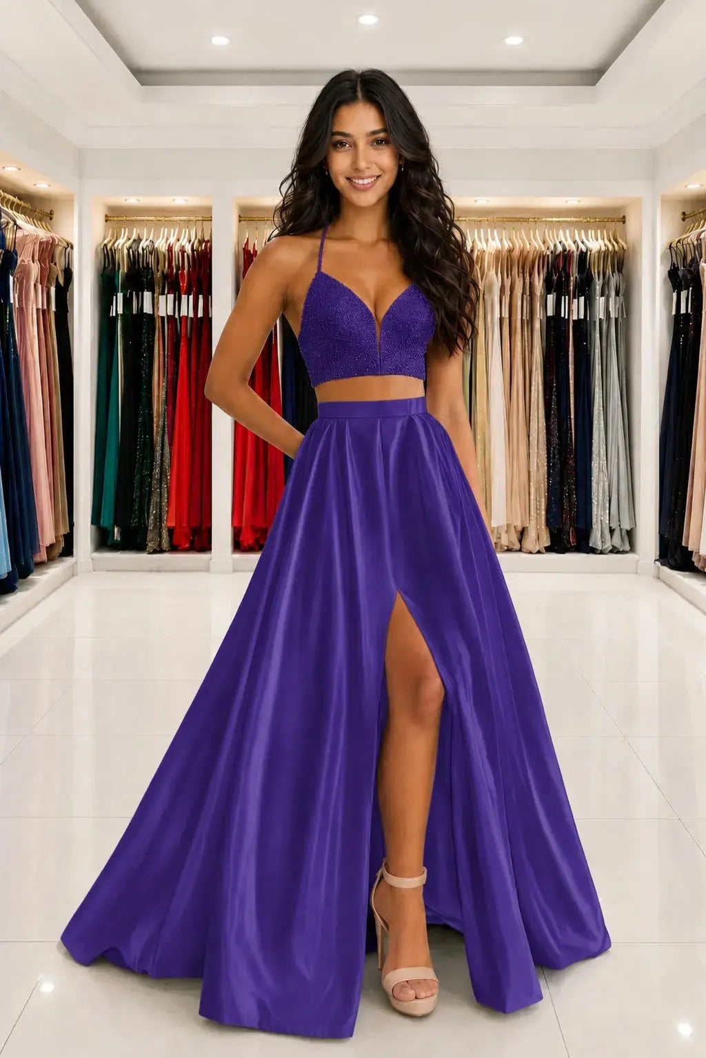 Satin Two Piece Long Modest White Prom Dress Split Formal Evening Gowns Kaidress