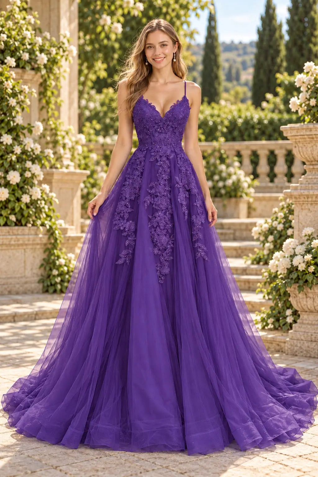 A-line V Neck Spaghetti Straps Sweep Train Tulle Prom Dress With Appliqued
