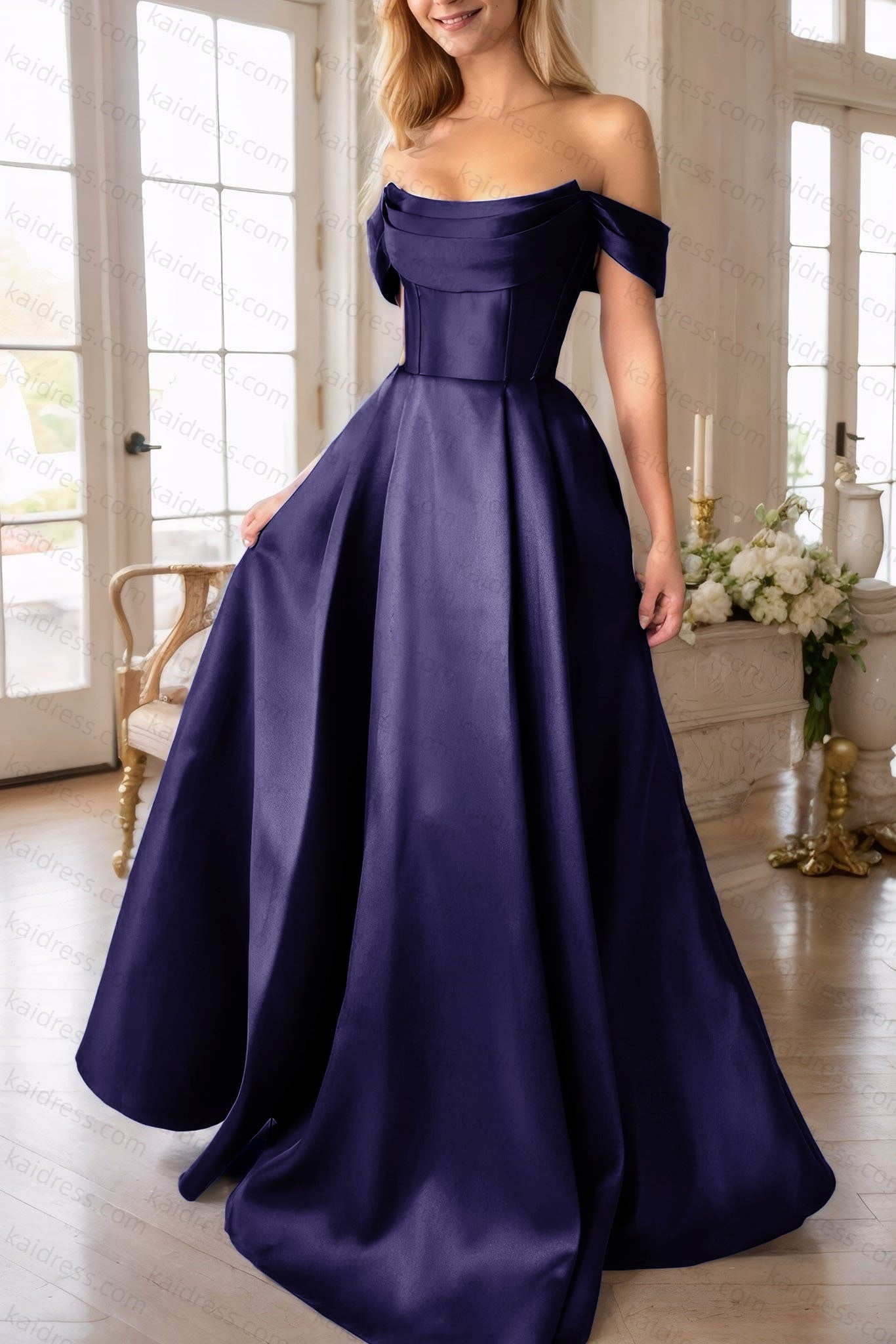 A-Line Satin Long Prom Dress, Simple Off the Shoulder Evening Party Dress With Pockets
