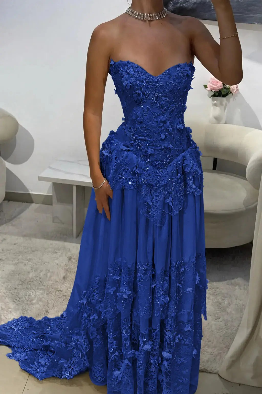 Dreamy Yellow 3D Floral Applique Sweetheart Corset Prom Dress