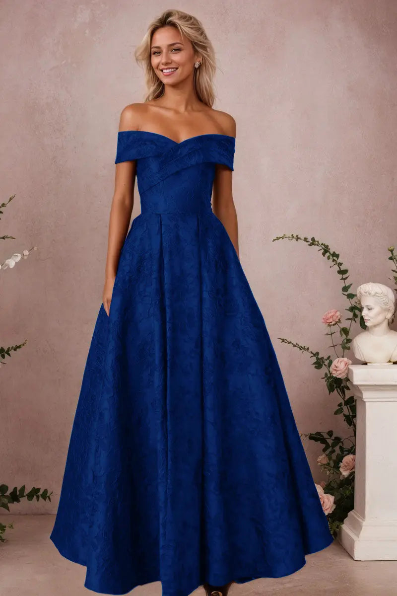 A-Line Off Shoulder Satin Burgundy Long Prom Dress Floral Jacquard Formal Ball Gowns - KAIDRESS