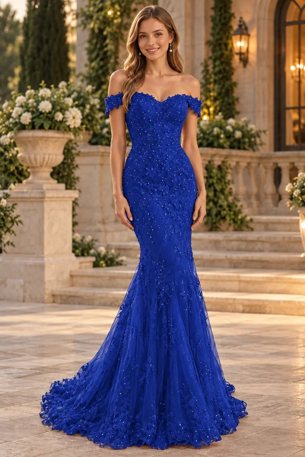 Lace Long/Floor-Length Trumpet/Mermaid Sleeveless Off-The-Shoulder Zipper Prom Dresses With Appliqued Beaded