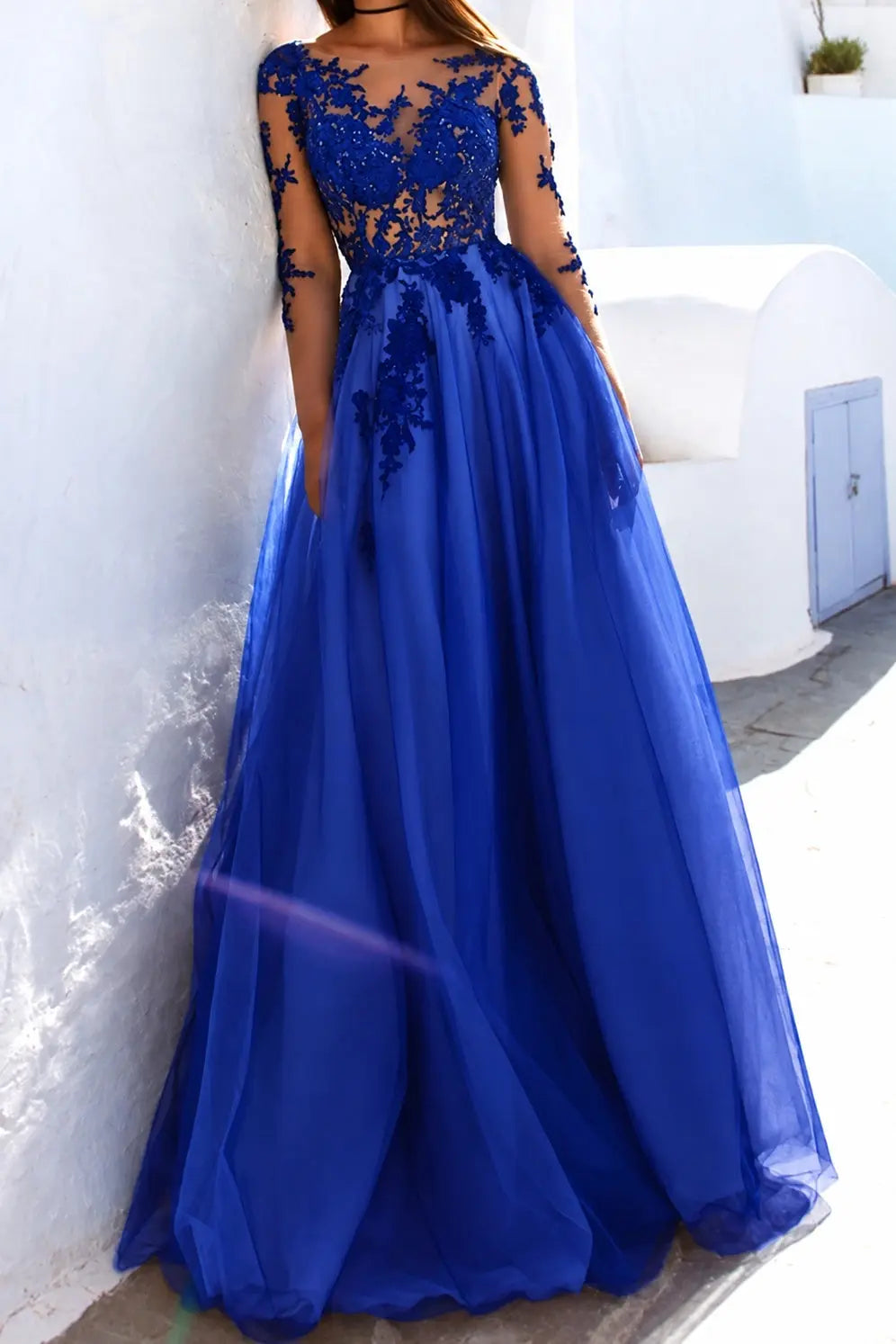 A-Line Scoop Long Sleeves Floor-Length With Applique Tulle Prom Dresses
