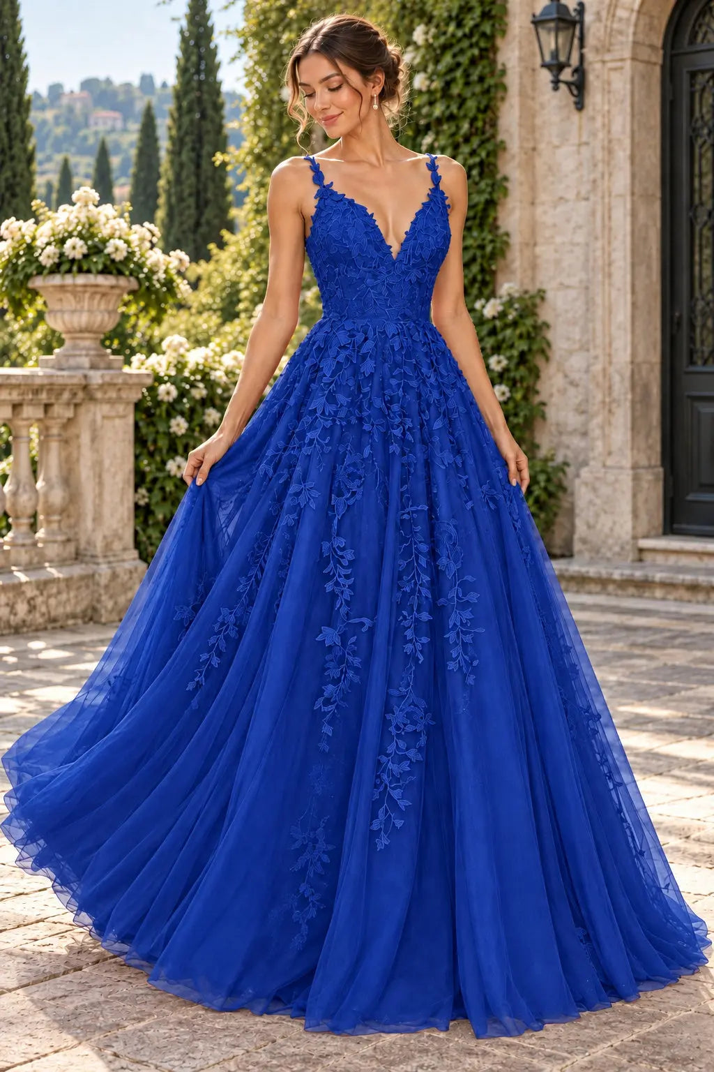 A-Line Lace Prom Dresses Long V Neck Sleeveless Formal Maxi Dress
