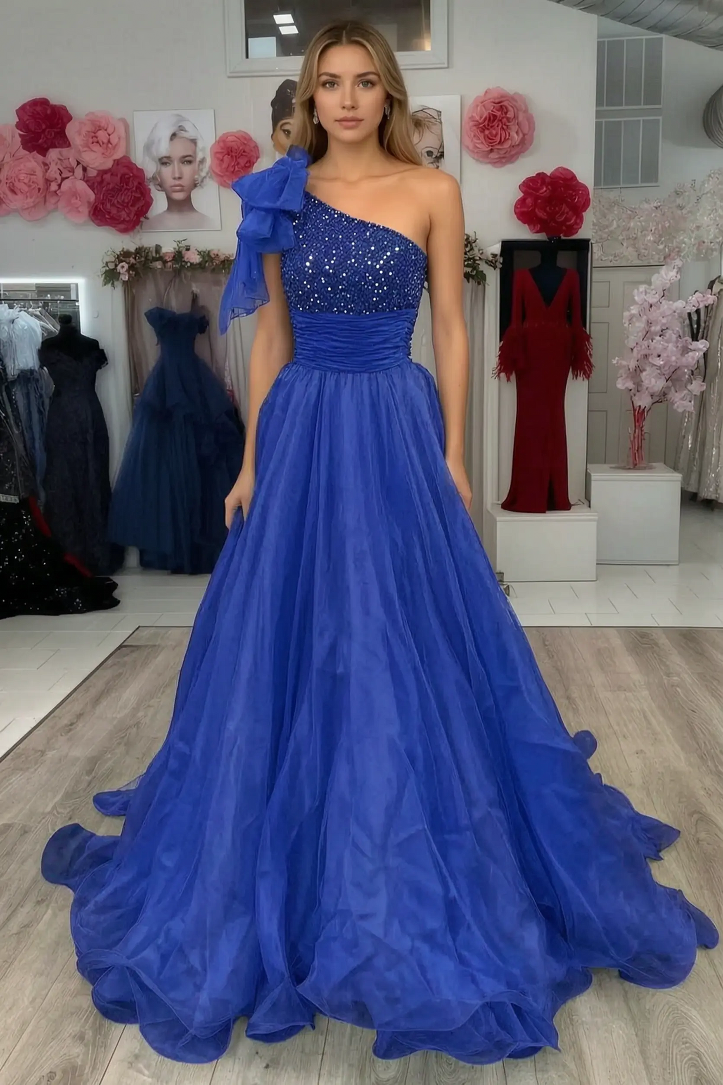 A Line Sparkly Sky Blue One Shoulder Long Prom Dress with Beading KAIDRESS