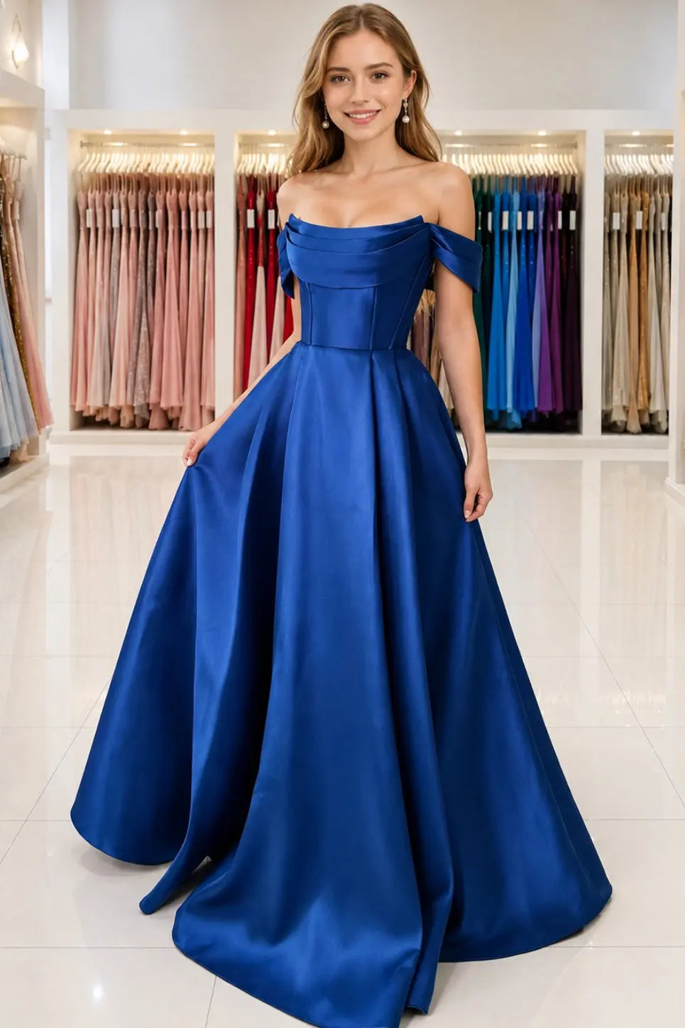 Royal Blue Satin Off Shoulder A-Line Prom Dress With Pockets
