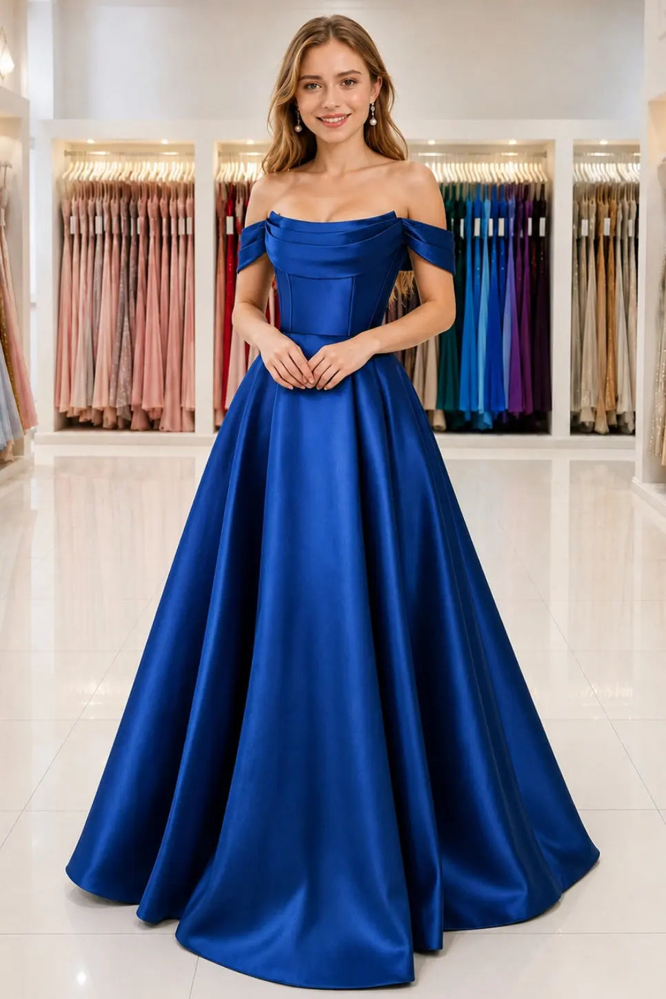 A-Line Satin Long Prom Dress, Simple Off the Shoulder Evening Party Dress With Pockets KAIDRESS