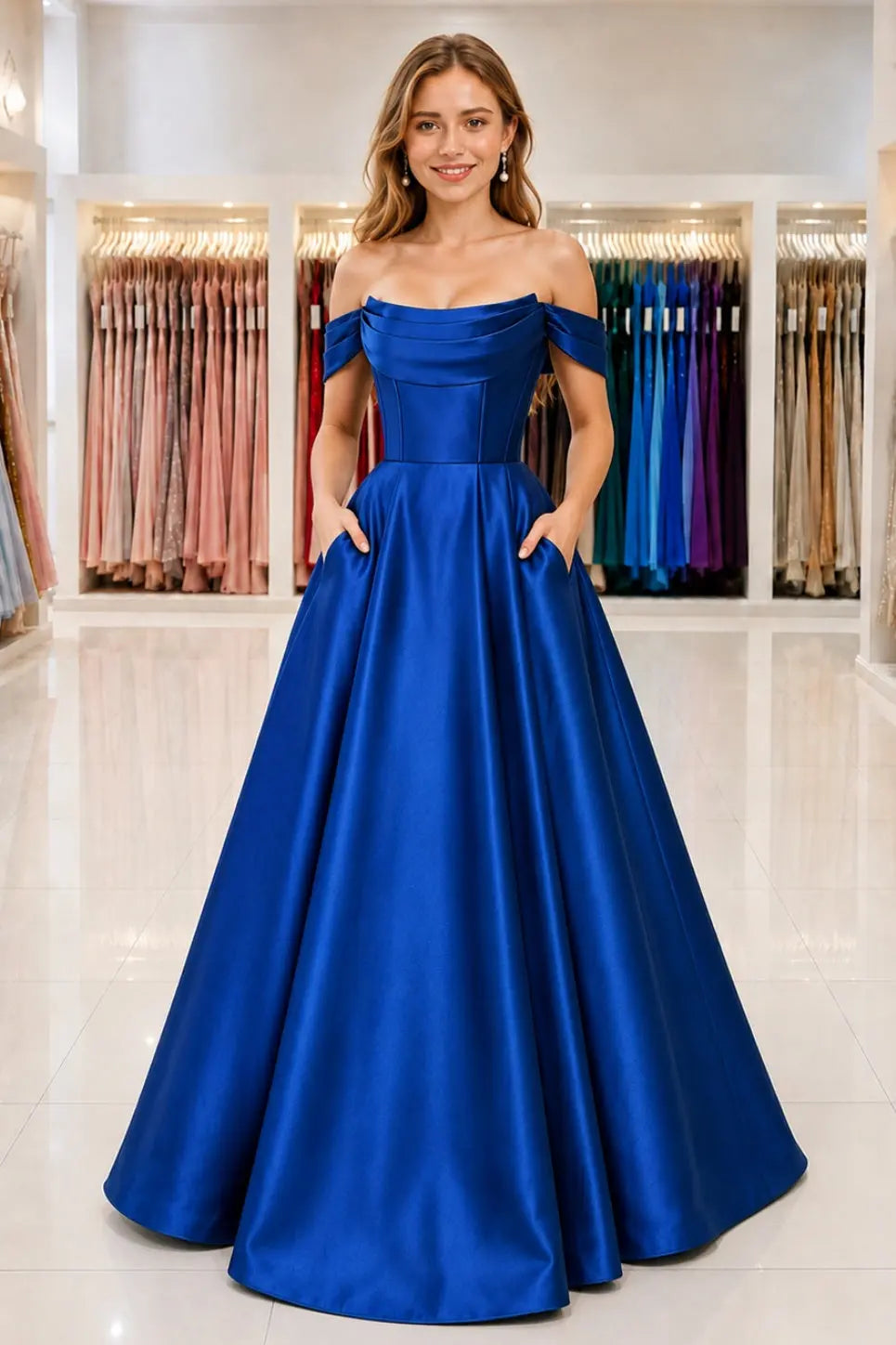 Royal Blue Satin Off Shoulder A-Line Prom Dress With Pockets