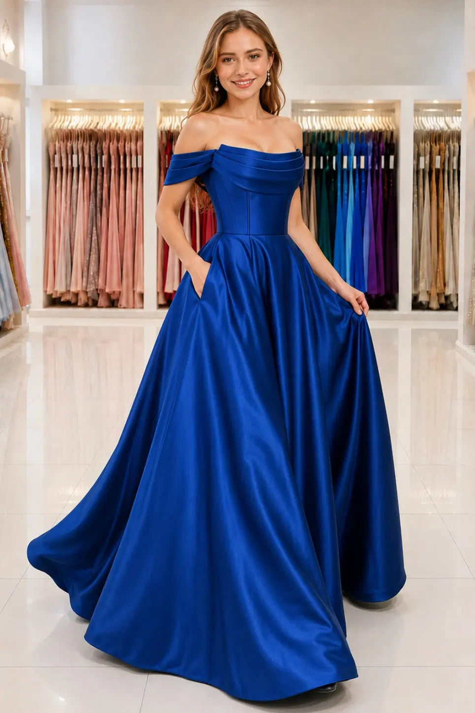 Royal Blue Satin Off Shoulder A-Line Prom Dress With Pockets