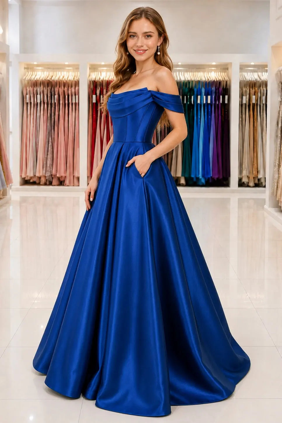 Royal Blue Satin Off Shoulder A-Line Prom Dress With Pockets